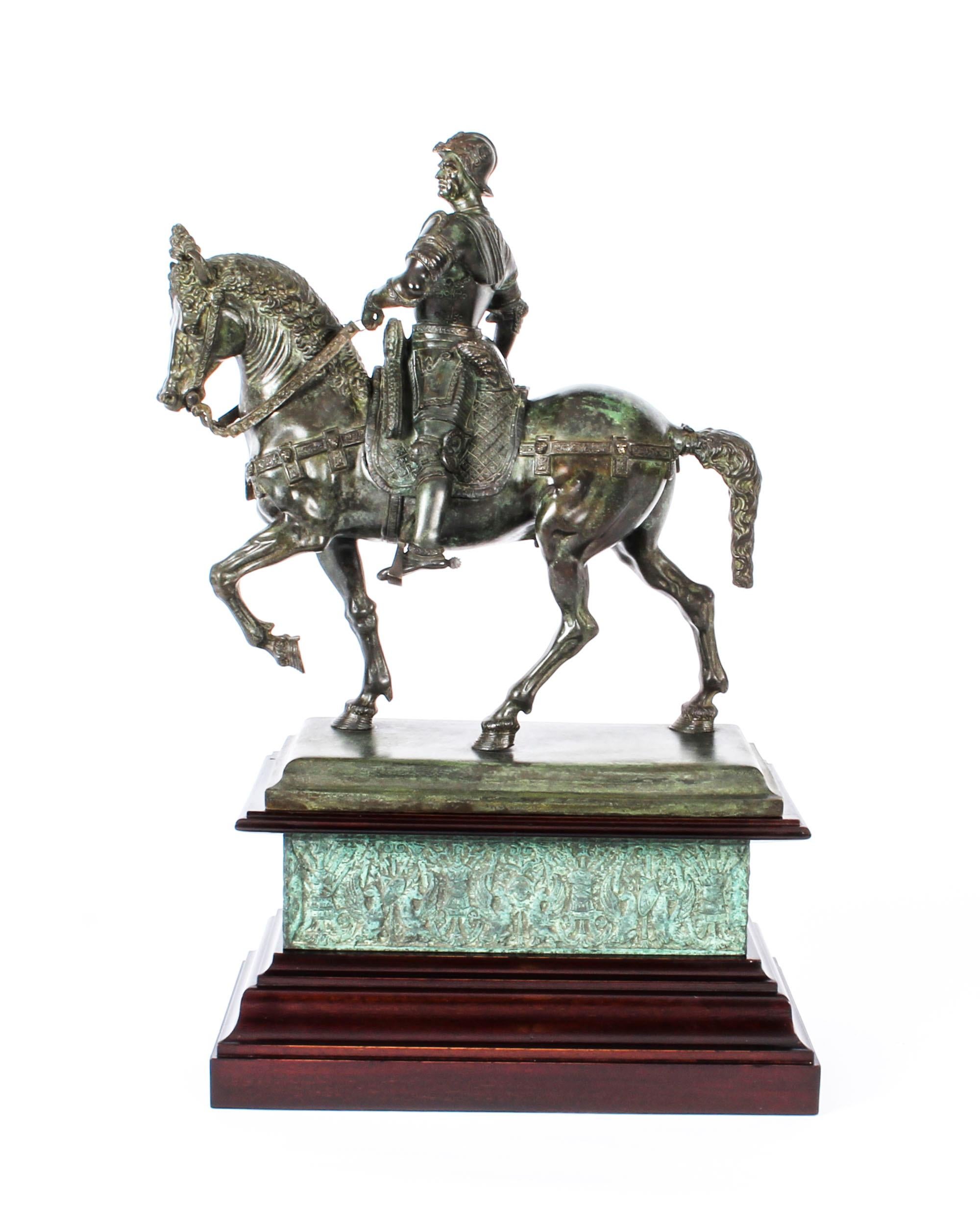This is a superb antique patinated bronze Equestrian Statue of Bartolomeo Colleoni, circa 1860 in date.
 
This stunning patinated bronze statue is after the original Renaissance sculpture which was executed by Andrea del Verrocchio in 1480–1488, in