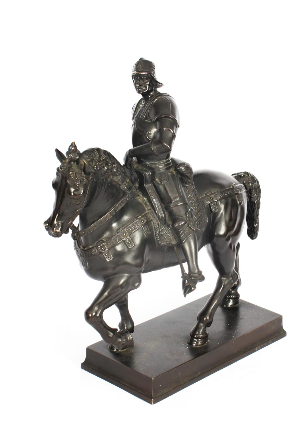 This is a superb large antique patinated bronze Equestrian Statue of Bartolomeo Colleoni, circa 1860 in date.
 
This stunning patinated bronze statue is after the original Renaissance sculpture which was executed by Andrea del Verrocchio in