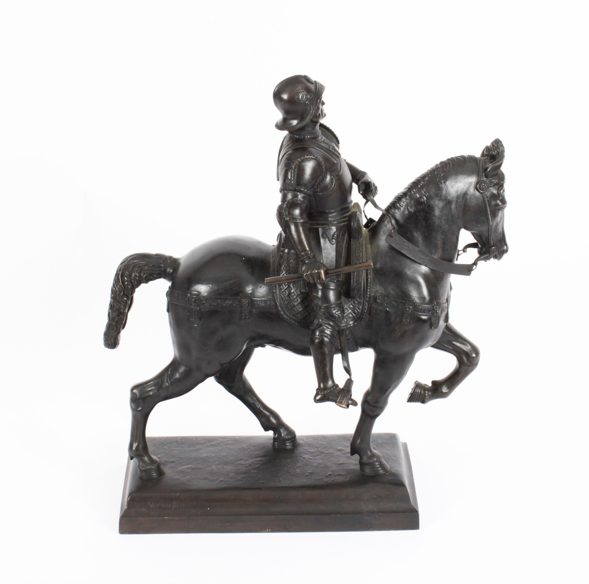 Antike patinierte Bronze-Reiterstatue von Bartolomeo Colleoni, 1860, 19. Jahrhundert (Patiniert)