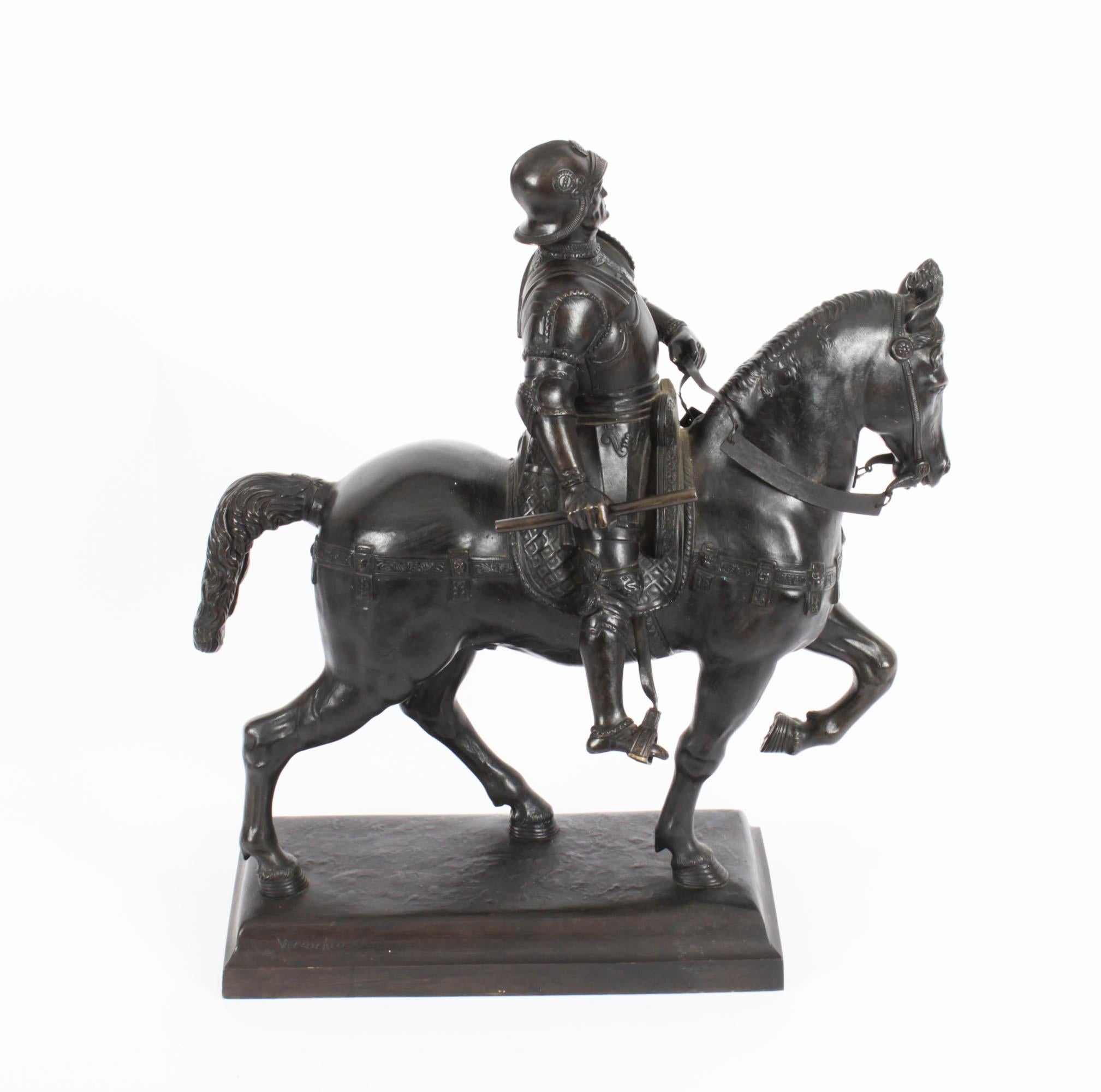 Antique Patinated Bronze Equestrian Statue of Bartolomeo Colleoni 1860, 19th C In Good Condition In London, GB