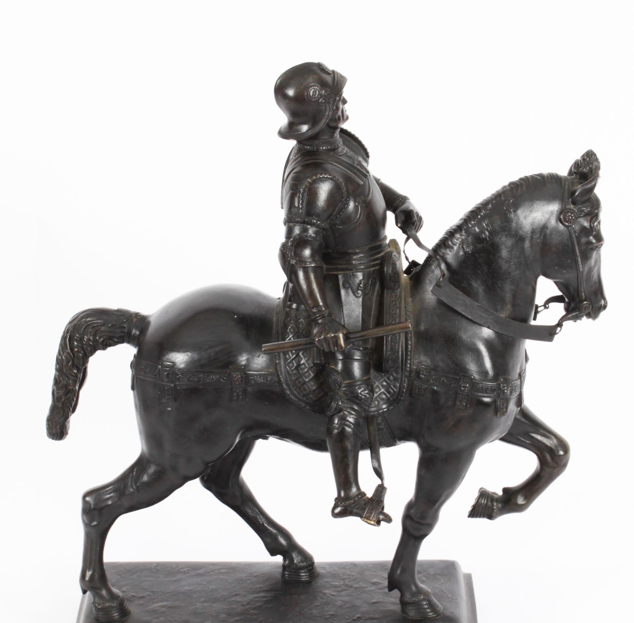Mid-19th Century Antique Patinated Bronze Equestrian Statue of Bartolomeo Colleoni 1860, 19th C