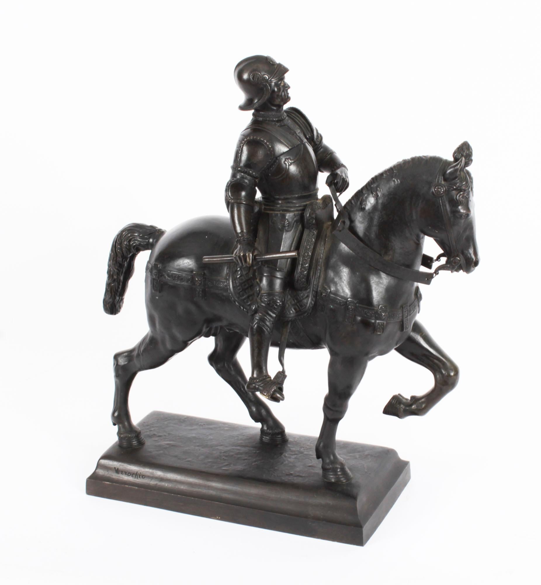 Antike patinierte Bronze-Reiterstatue von Bartolomeo Colleoni, 1860, 19. Jahrhundert (Mittleres 19. Jahrhundert)