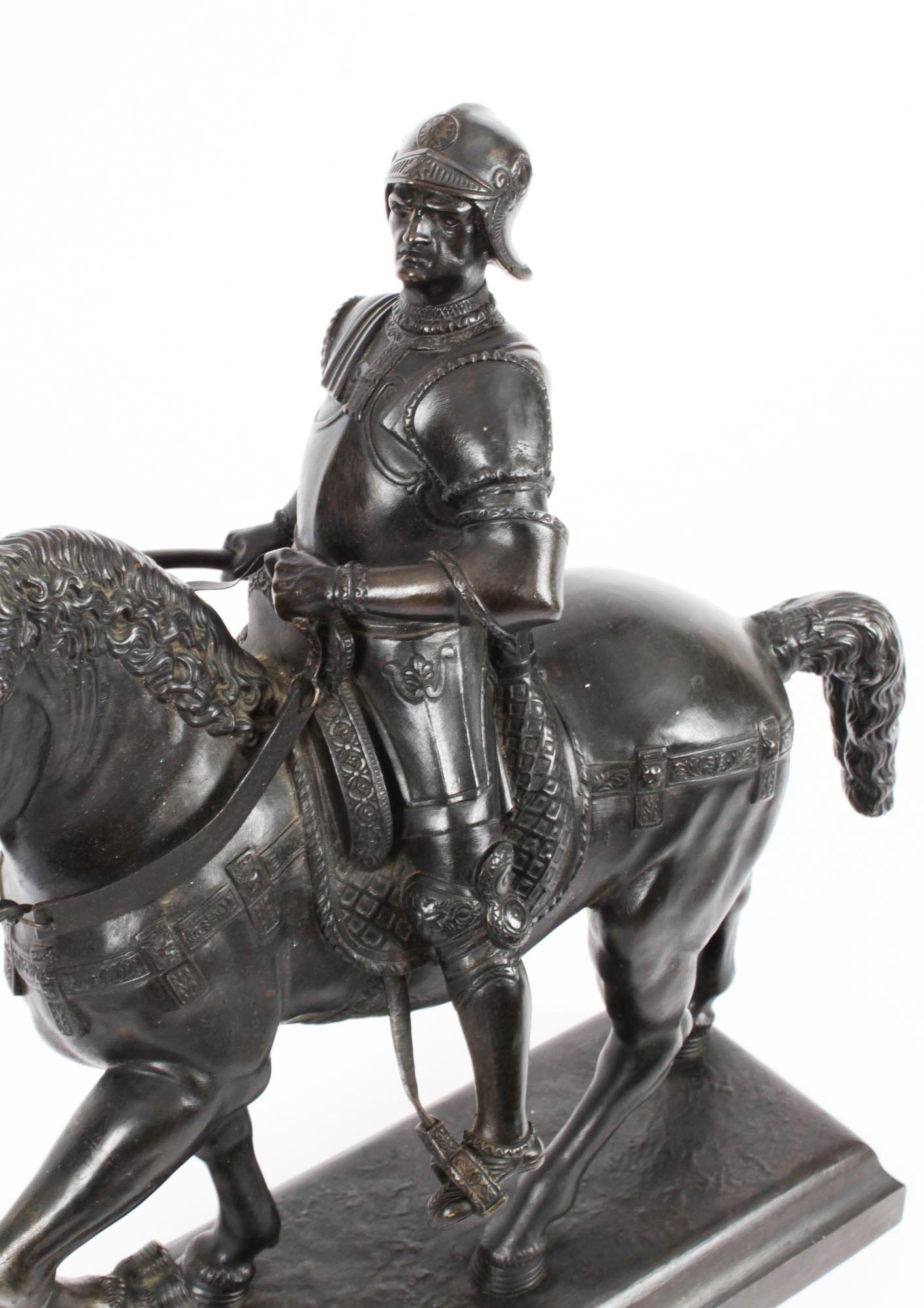 Antike patinierte Bronze-Reiterstatue von Bartolomeo Colleoni, 1860, 19. Jahrhundert 2