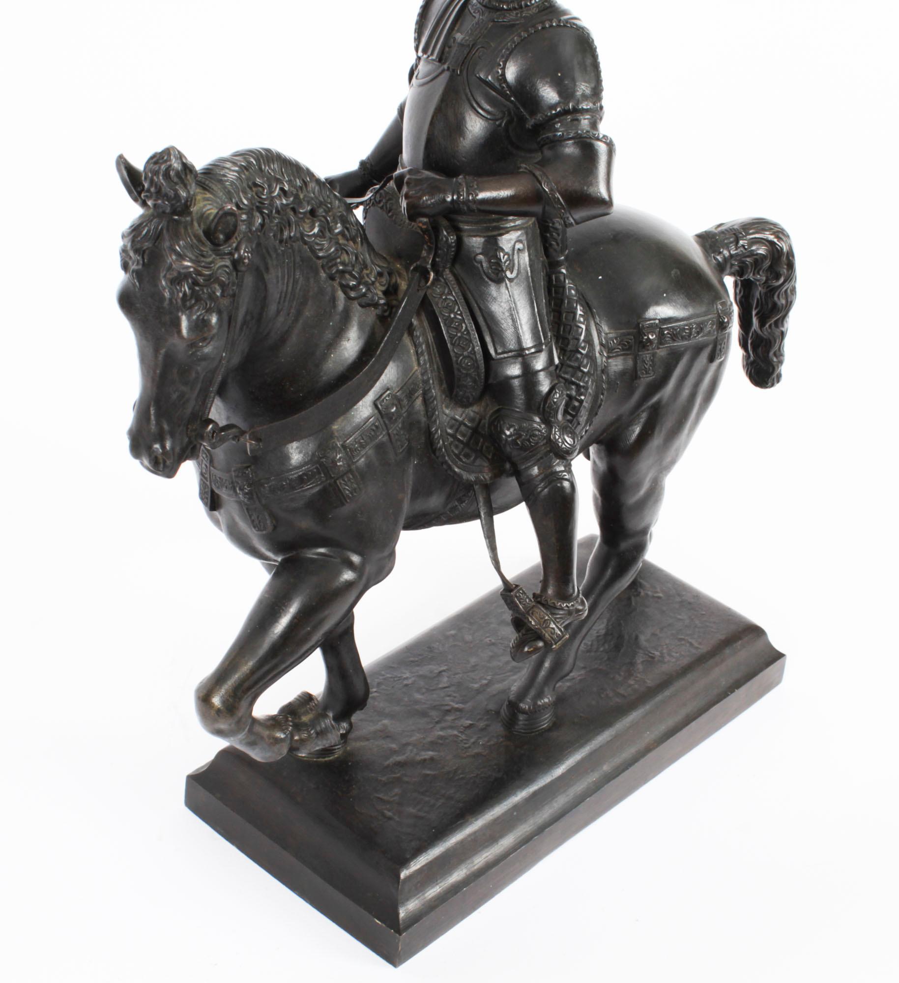 Antike patinierte Bronze-Reiterstatue von Bartolomeo Colleoni, 1860, 19. Jahrhundert 3