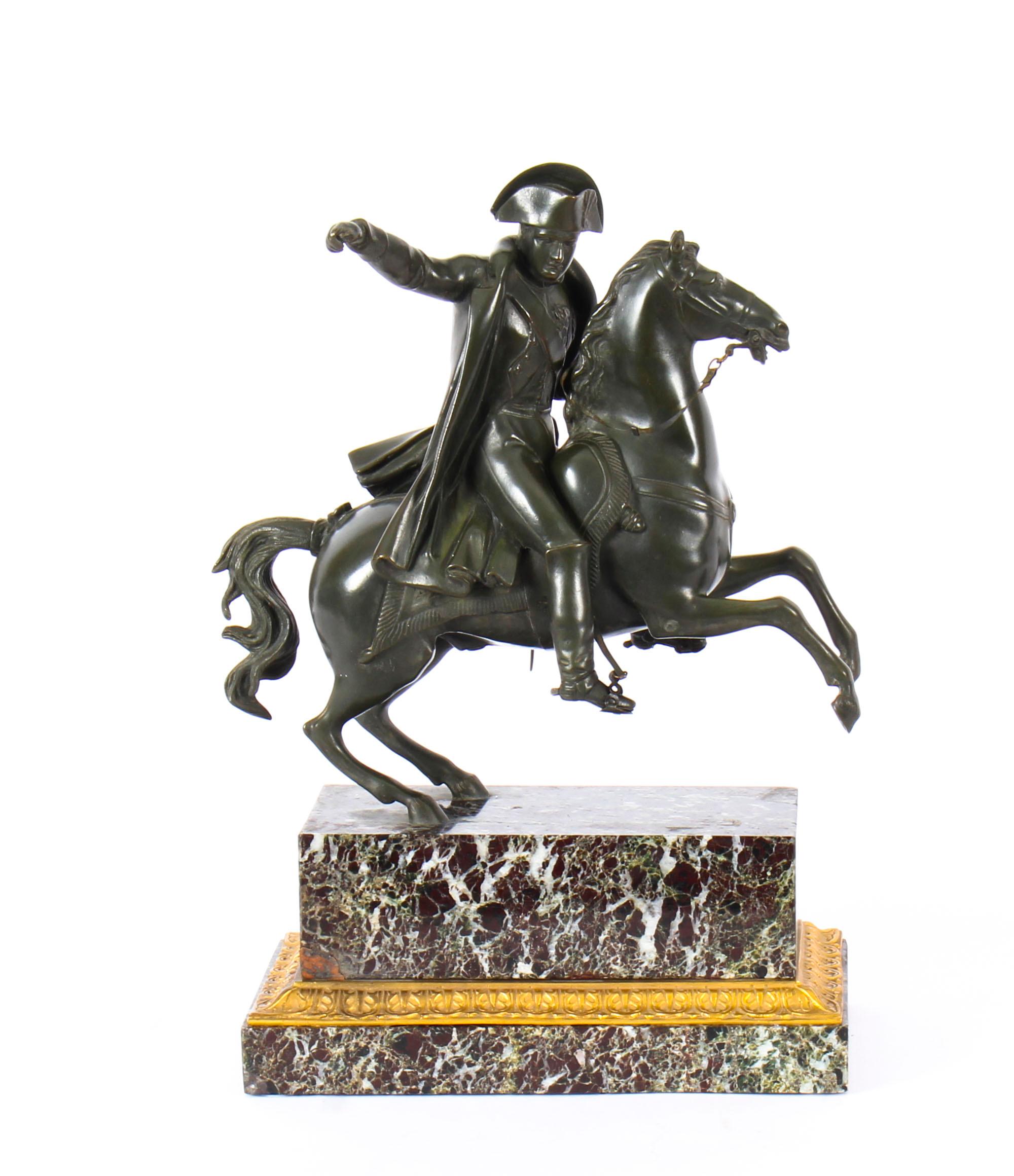This is a superb antique patinated bronze Equestrian Statue of Napoleon Bonaparte, circa 1870 in date.
 
This stunning patinated bronze statue portrays the French leader in his typical uniform - wearing a bicorn hat, epaulettes, chivalrous orders