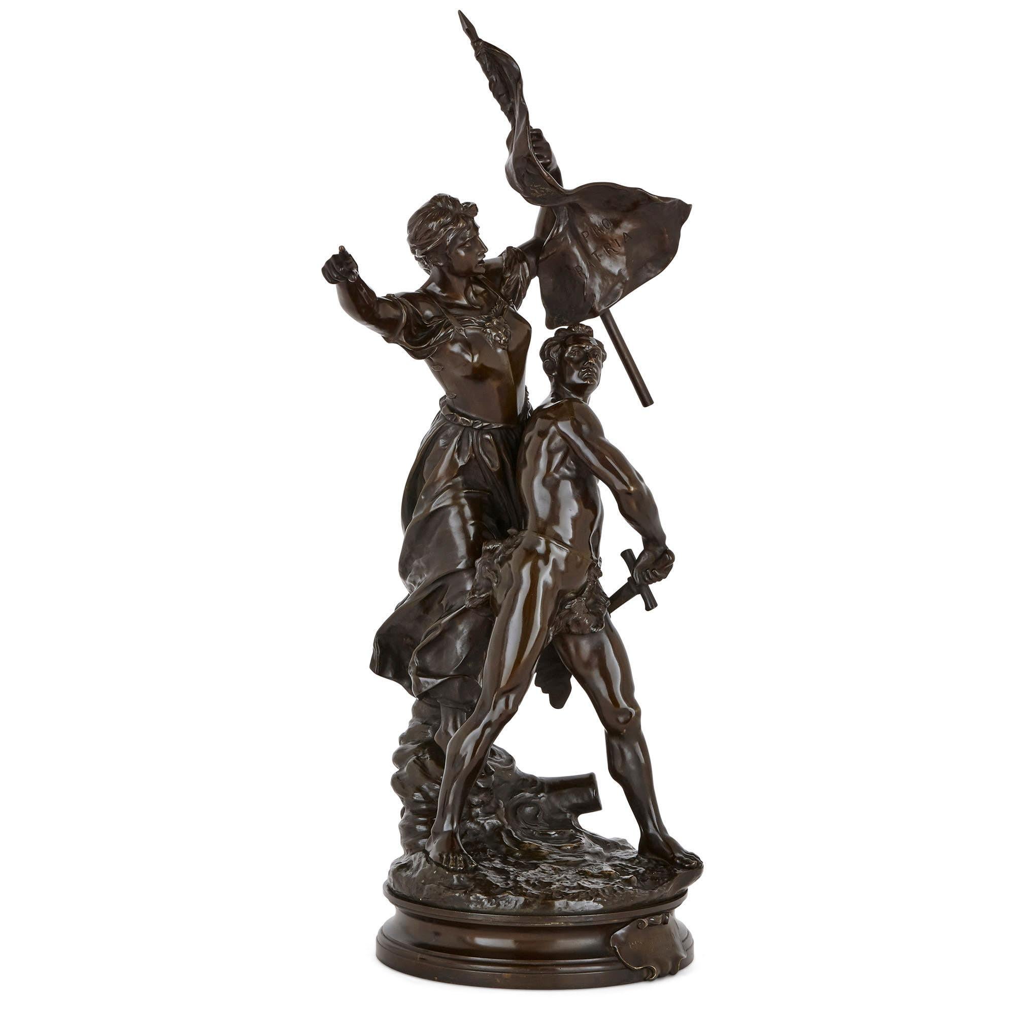 This compelling patinated bronze sculpture was cast from a model made by the famous French sculptor, Adrien Etienne Gaudez (1844-1902). Gaudez was trained by the artist Francois Jouffroy before studying at the Ecole des Beaux-Arts in Paris. Gaudez