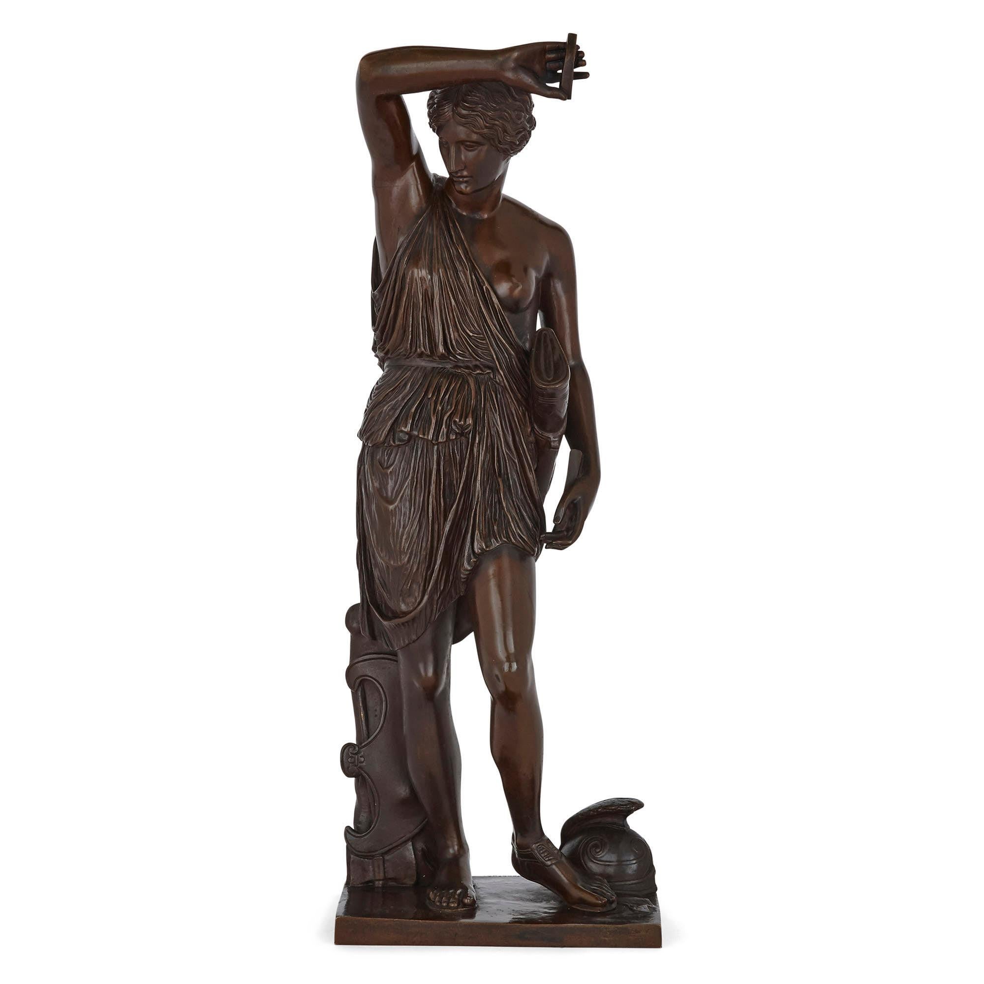 Antique Patinated Bronze Sculpture of Diana by Ferdinand Barbedienne
French, late 19th Century
Dimensions: Height 60cm, width 22cm, depth 22cm

This patinated bronze figure depicts the Roman goddess Diana (or Artemis in Ancient Greek religion). She