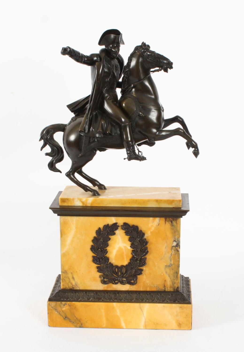This is a superb antique patinated bronze Equestrian Statue of Napoleon Bonaparte, circa 1870 in date.

This stunning patinated bronze statue portrays the French leader in his typical uniform - wearing a bicorn hat, epaulettes, chivalrous orders and