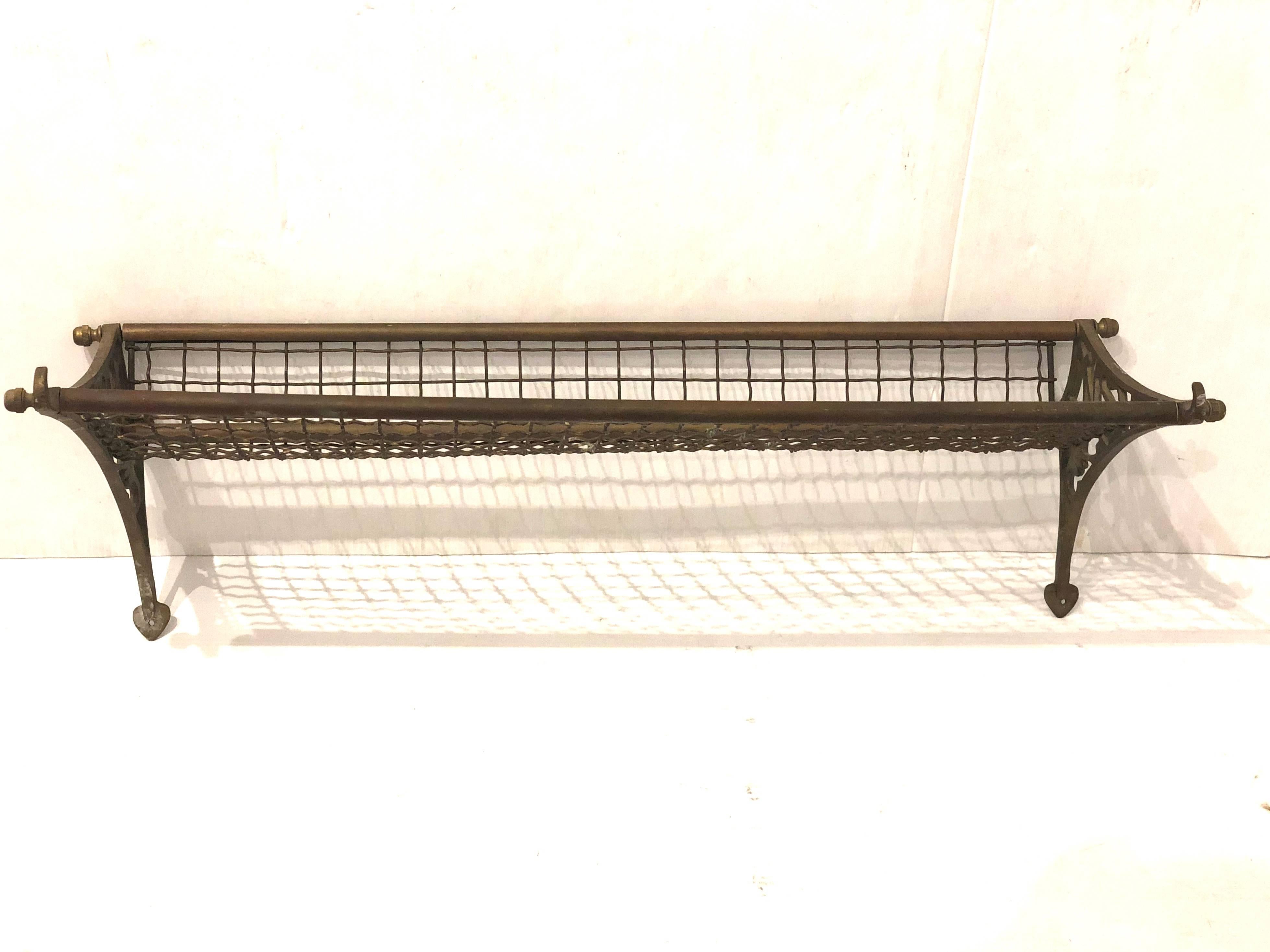 Rare antique patinated solid copper and brass railroad train or bus luggage rack, easy to install three screws on each side. Original finish that can be polished if desired.