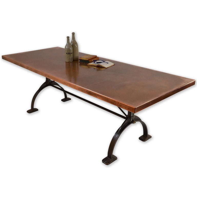 Antique Patinated CopperTop Dining Table, Cast Iron Base For Sale at