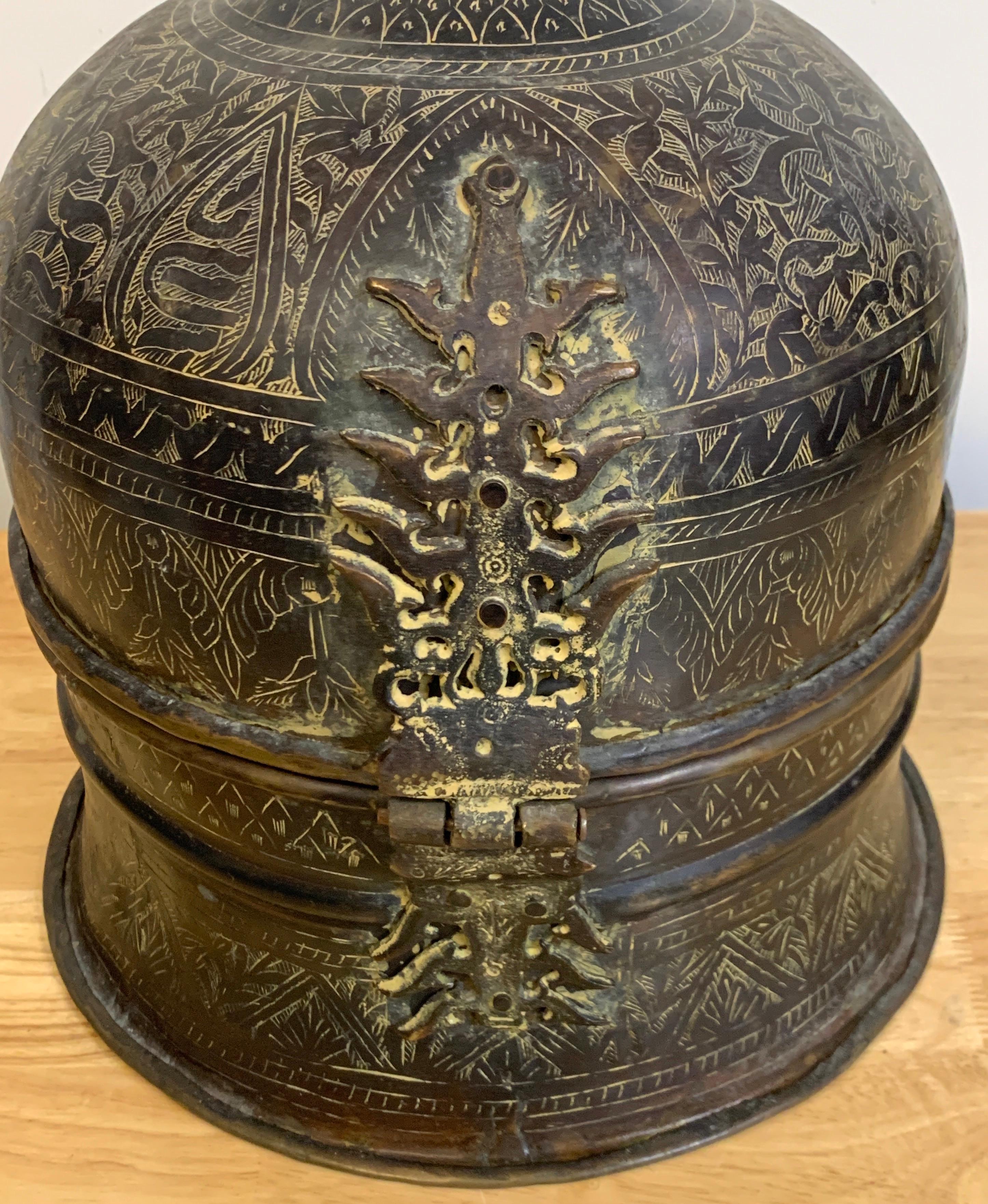 Indian Antique Patinated & Engraved Bronze Mughal Domed Box For Sale