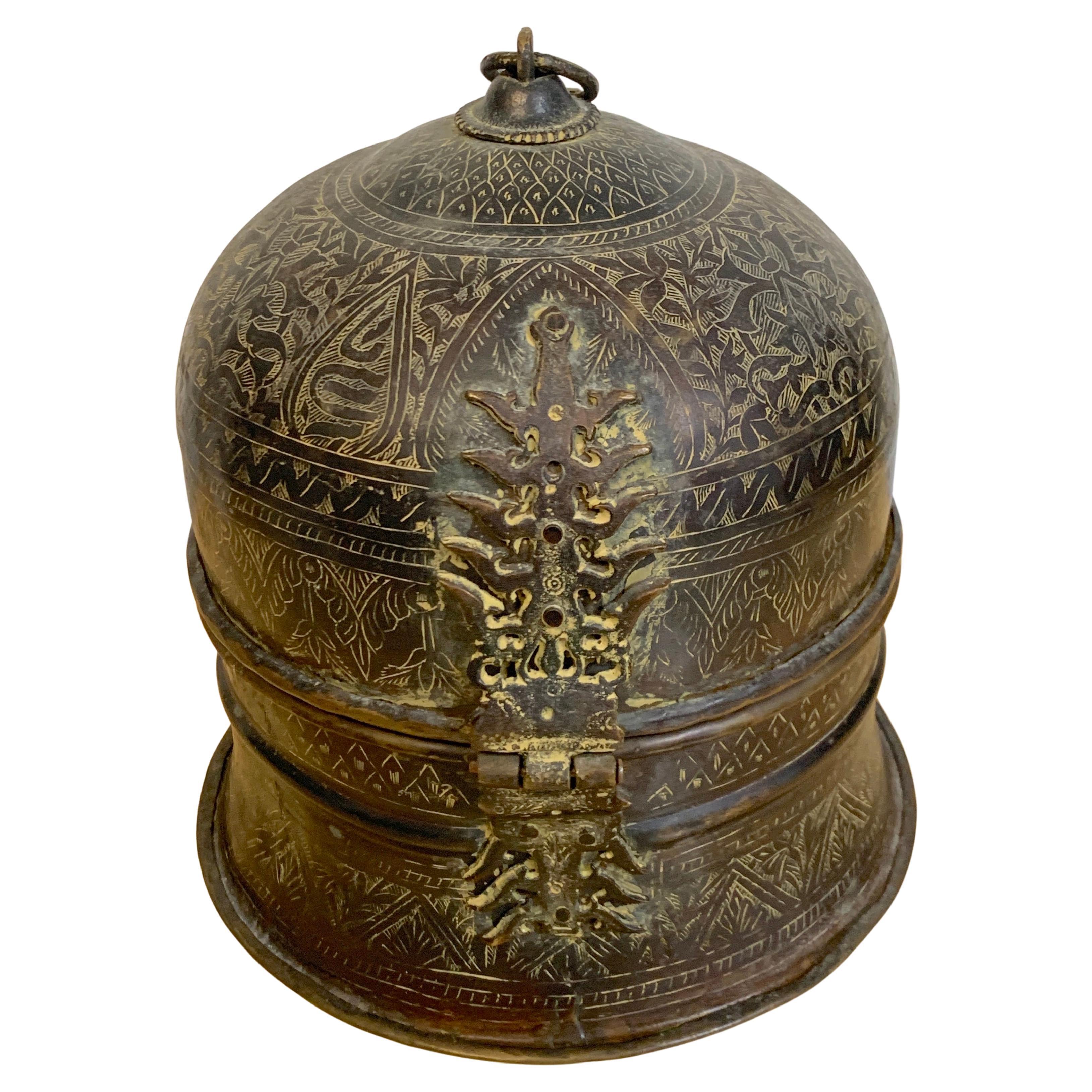 Antique Patinated & Engraved Bronze Mughal Domed Box For Sale