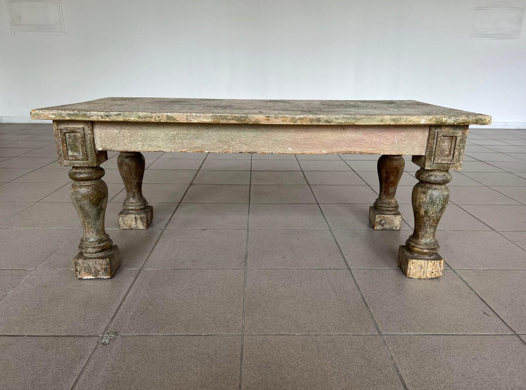 Dimensions: H 18.2” x W 43.4” x D 20.7”

French Rustic coffee table with patinated rectangular wood top standing on four massive finely carved legs. Unique wood grain and amazing patina. Vintage furniture is great for the environment, for your home,