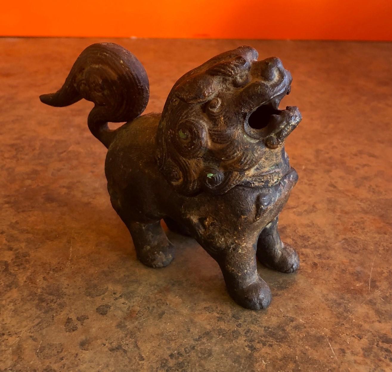 Antique Patinated Iron Foo Dog Incense Burner In Fair Condition In San Diego, CA