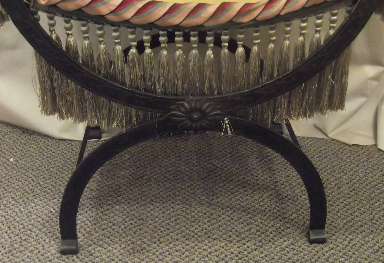 Sillón Savonarola Antiguo de Hierro Patinado con Lujosos Flecos Estadounidense en venta