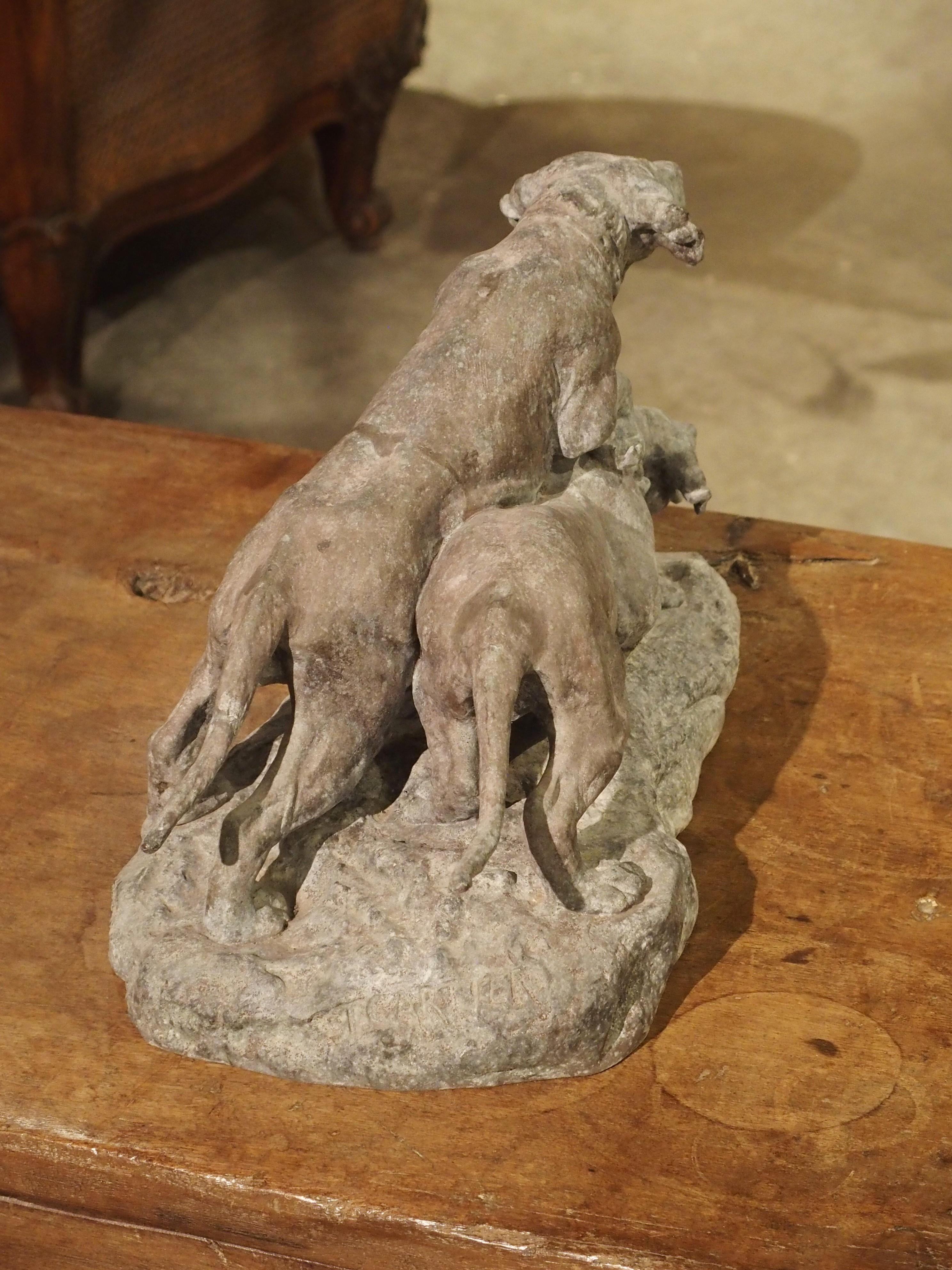 Antique Patinated Spelter Hunting Dogs Sculpture from France 9