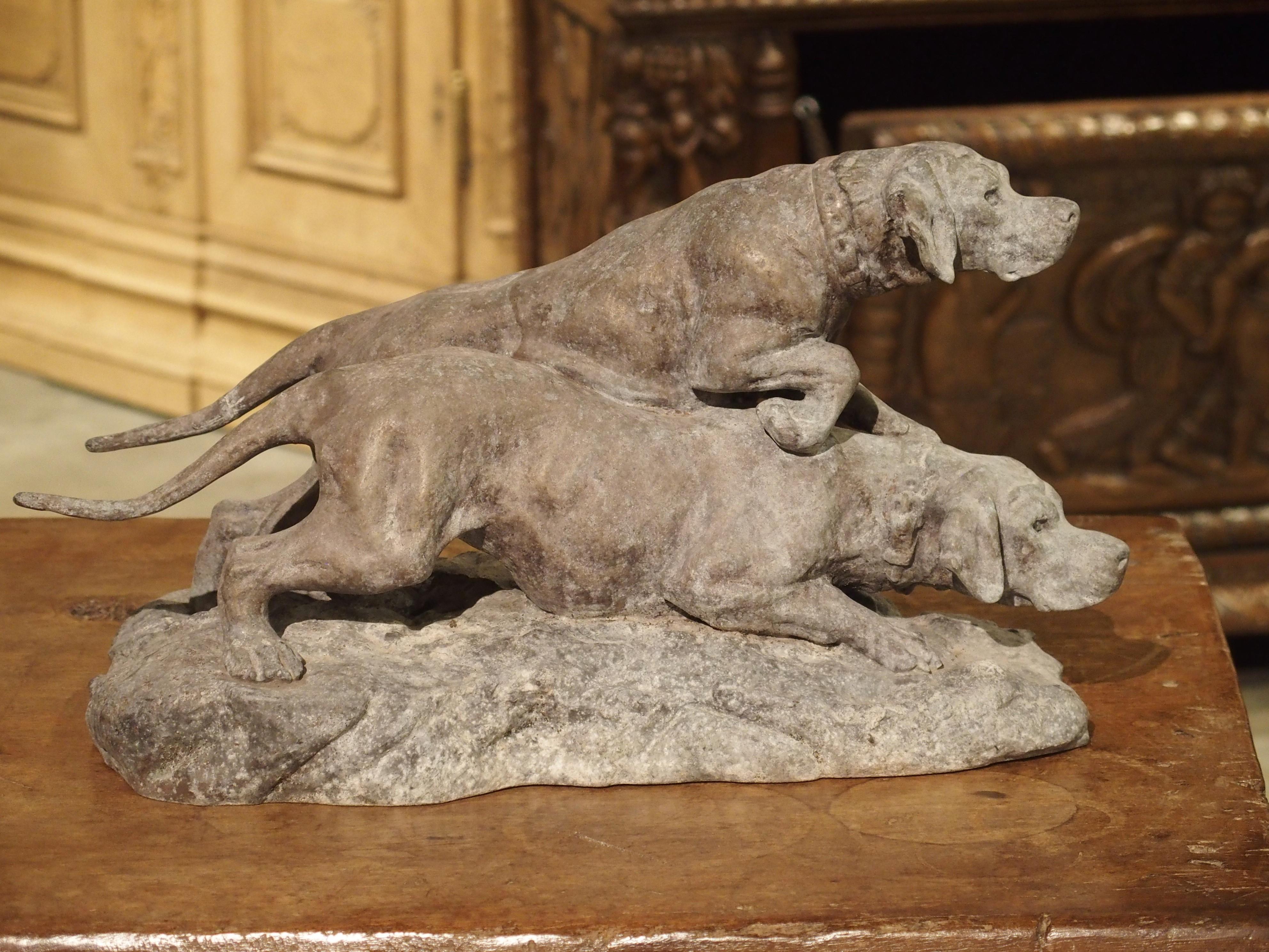 Antique Patinated Spelter Hunting Dogs Sculpture from France 11