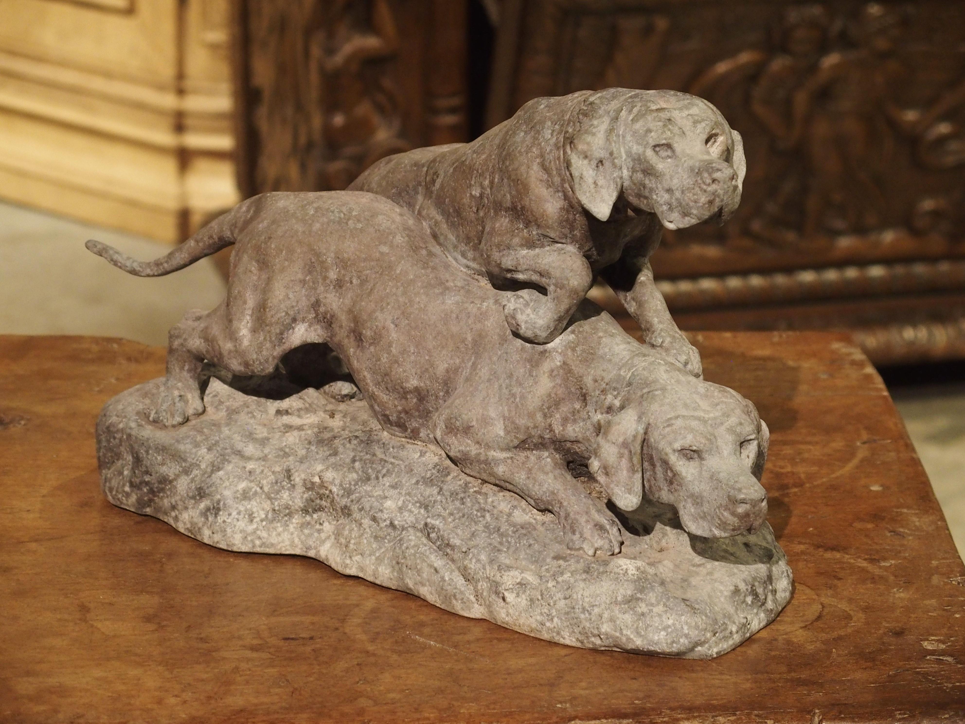 Antique Patinated Spelter Hunting Dogs Sculpture from France 12