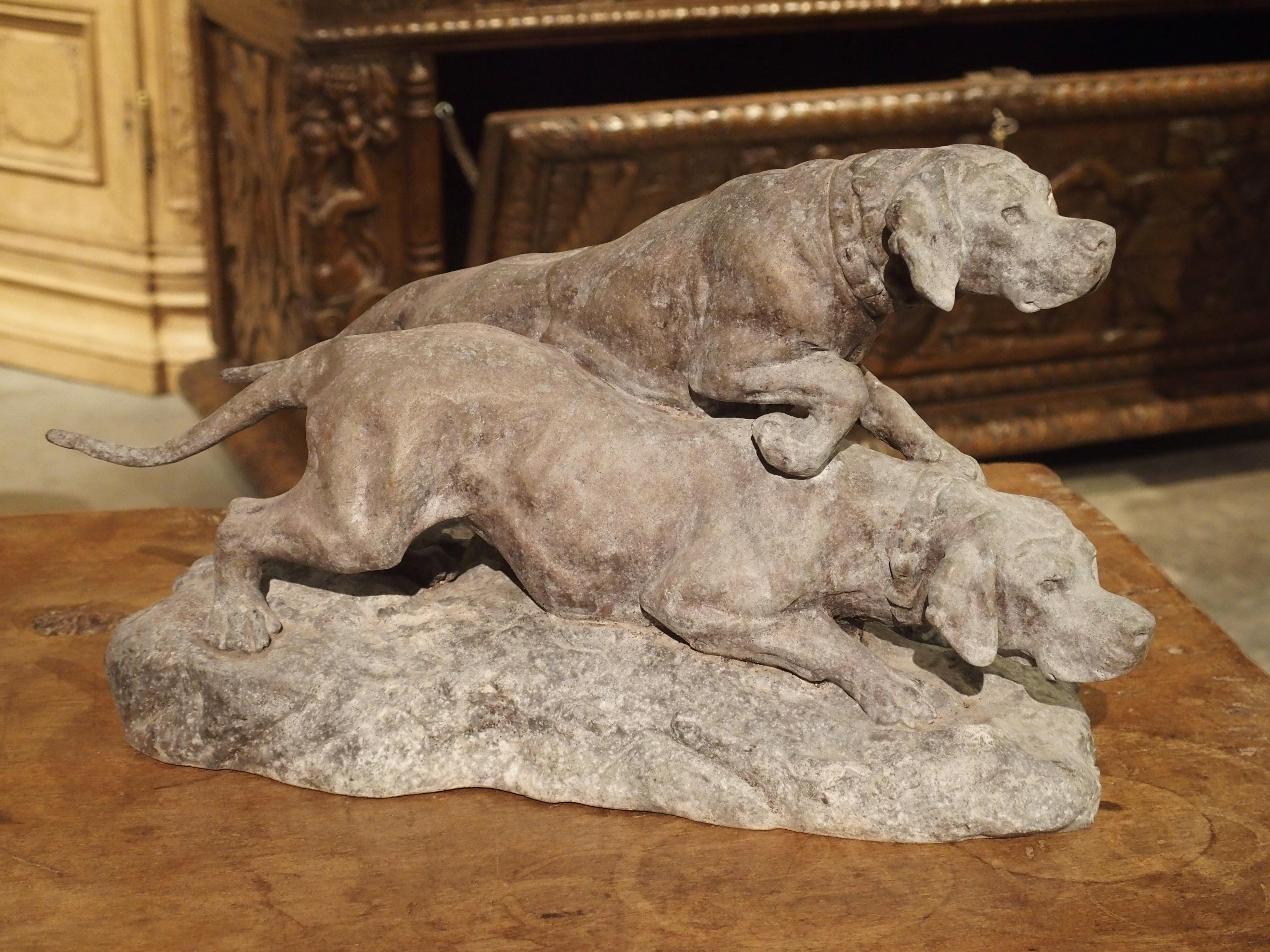 Antique Patinated Spelter Hunting Dogs Sculpture from France 13