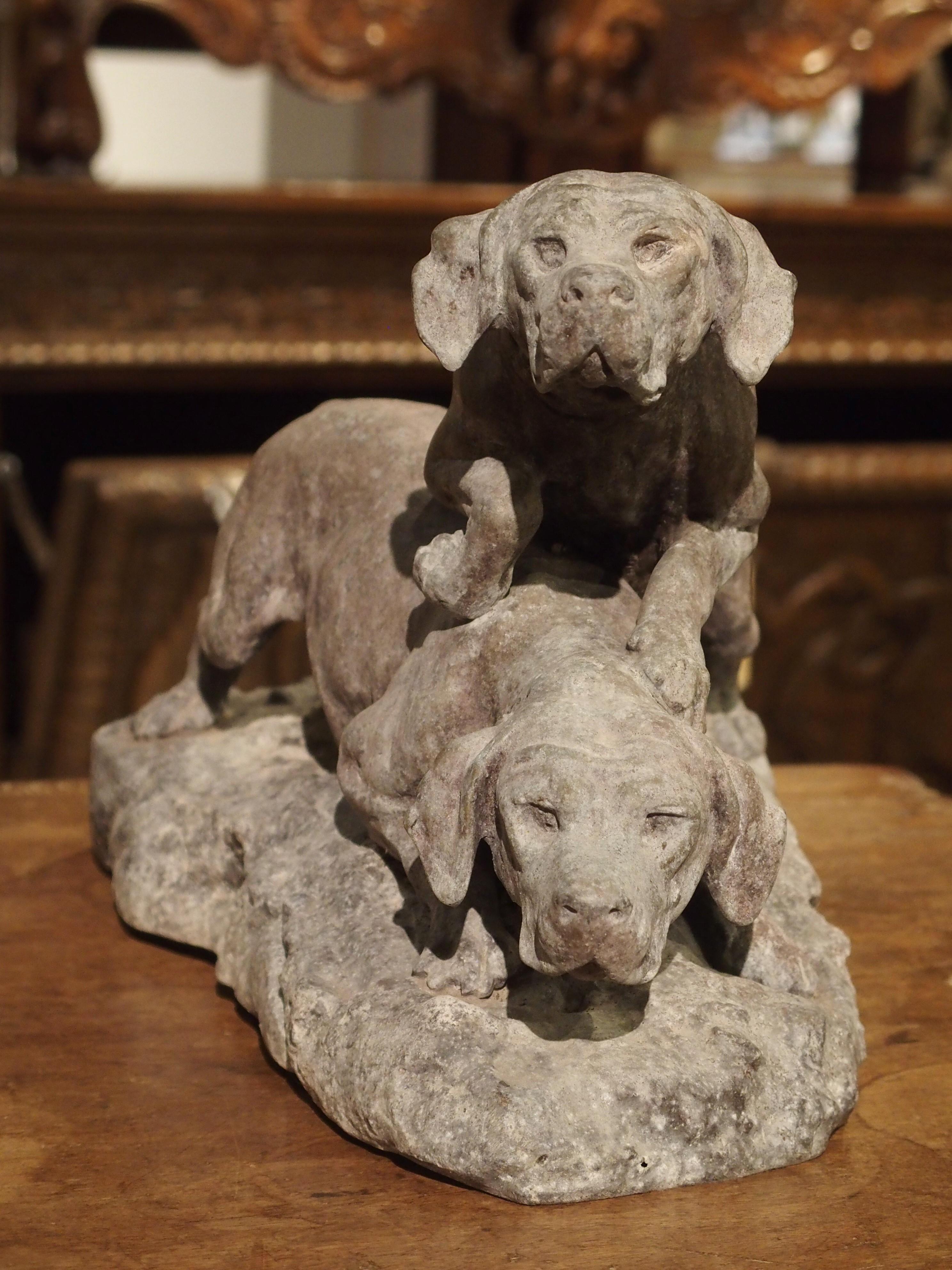 20th Century Antique Patinated Spelter Hunting Dogs Sculpture from France