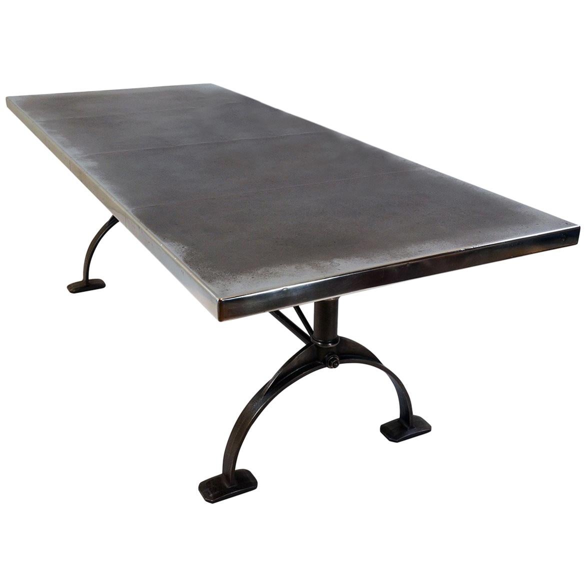 Antique Patinated Zinc-Top Dining Table, Cast Iron Legs For Sale