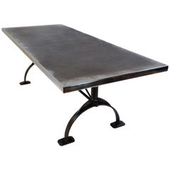 Antique Patinated Zinc-Top Dining Table, Cast Iron Legs