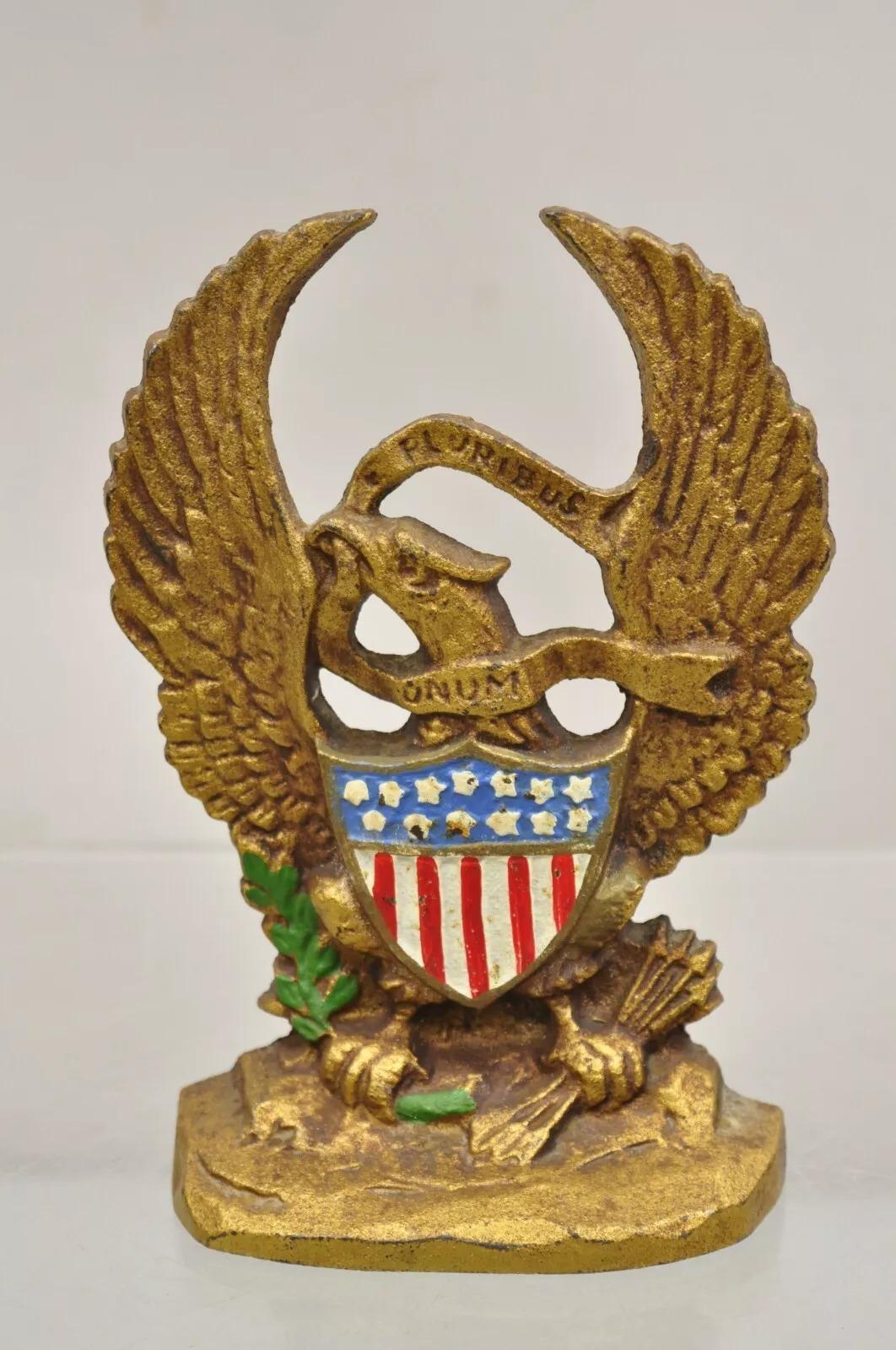Antique Patriotic Cast Iron Figural Gold American Flag & Eagle Painted Door Stop For Sale 5