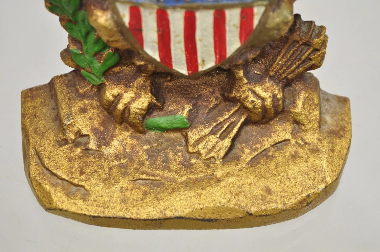 Early 20th Century Antique Patriotic Cast Iron Figural Gold American Flag & Eagle Painted Door Stop For Sale