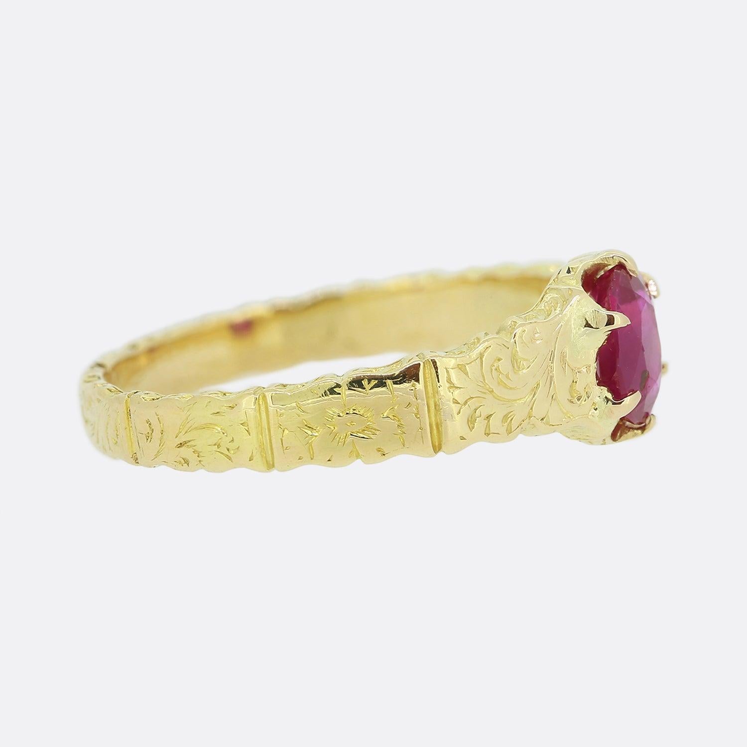 Antique Patterned Ruby Solitaire Ring In Good Condition For Sale In London, GB