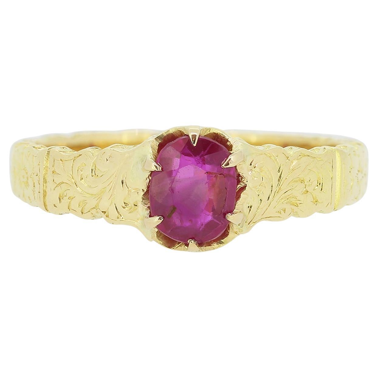 Antique Patterned Ruby Solitaire Ring For Sale