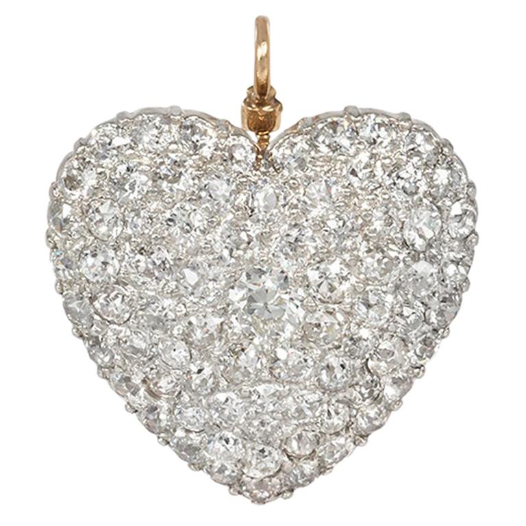 Antique Pavé Diamond Heart Pendant in Gold and Platinum