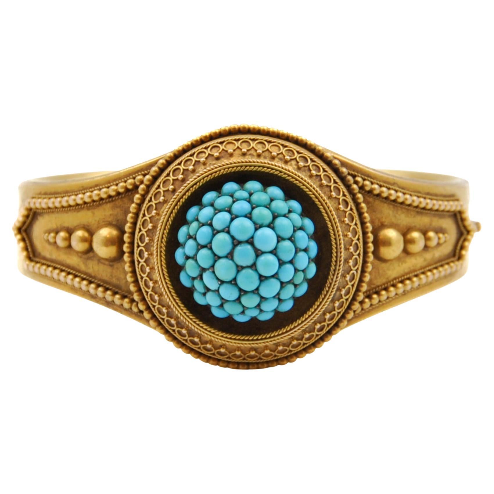 Antique Pavé Turquoise 18K Gold Bangle Bracelet