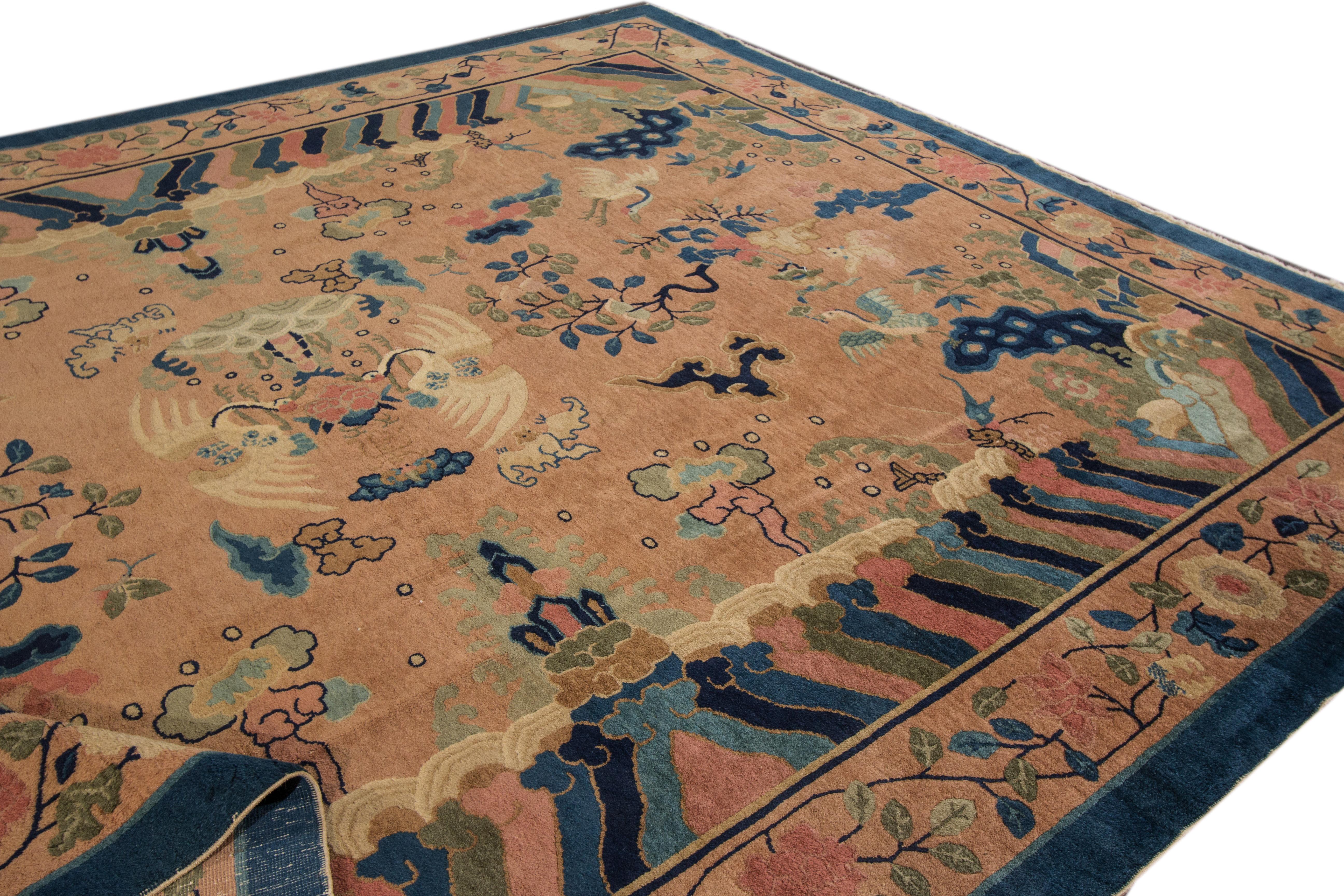 Antique Peach Peking Chinese Room Size Wool Rug For Sale 4