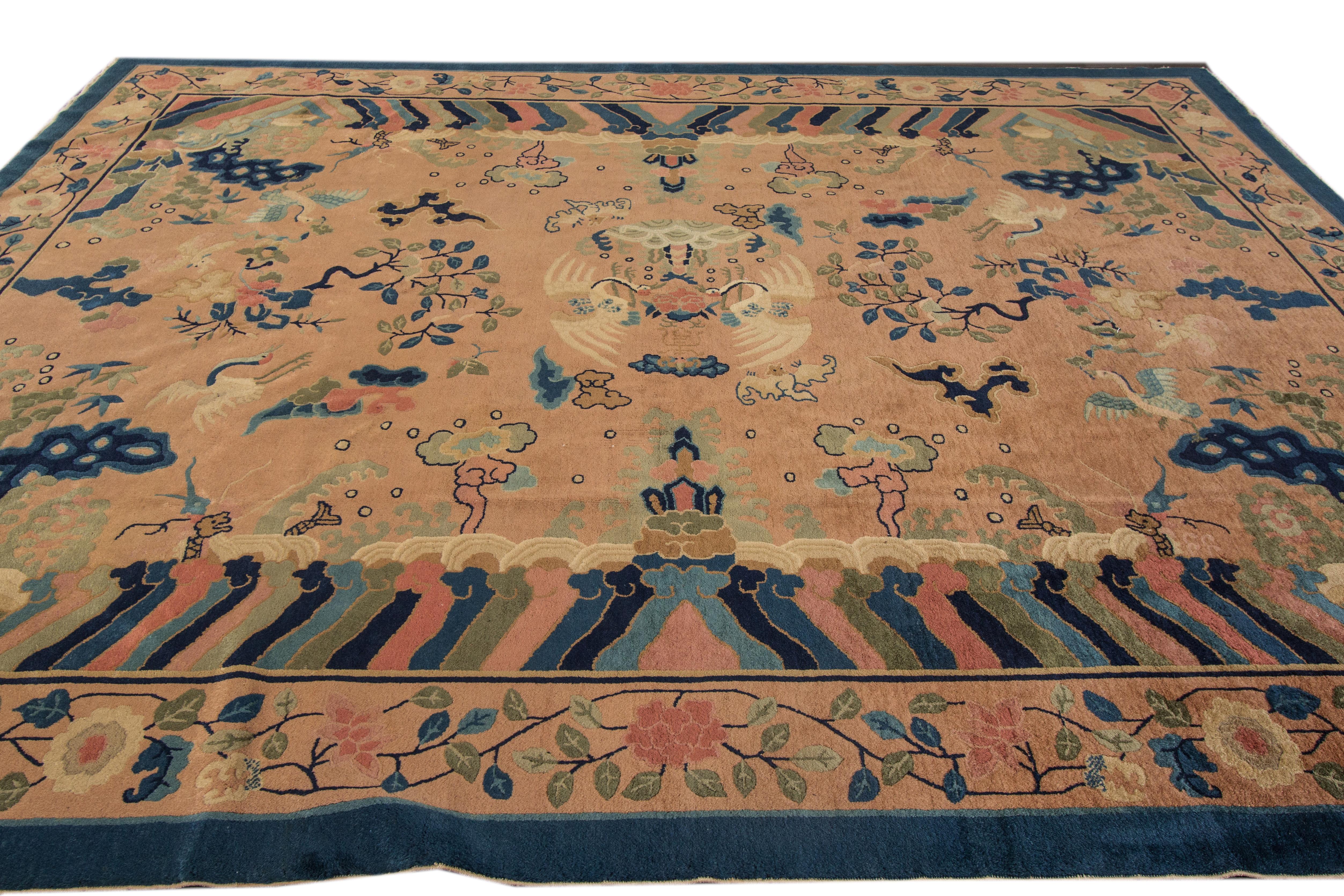 Alfombra de lana china de tamaño de habitación Peking de melocotón antiguo Art Decó en venta