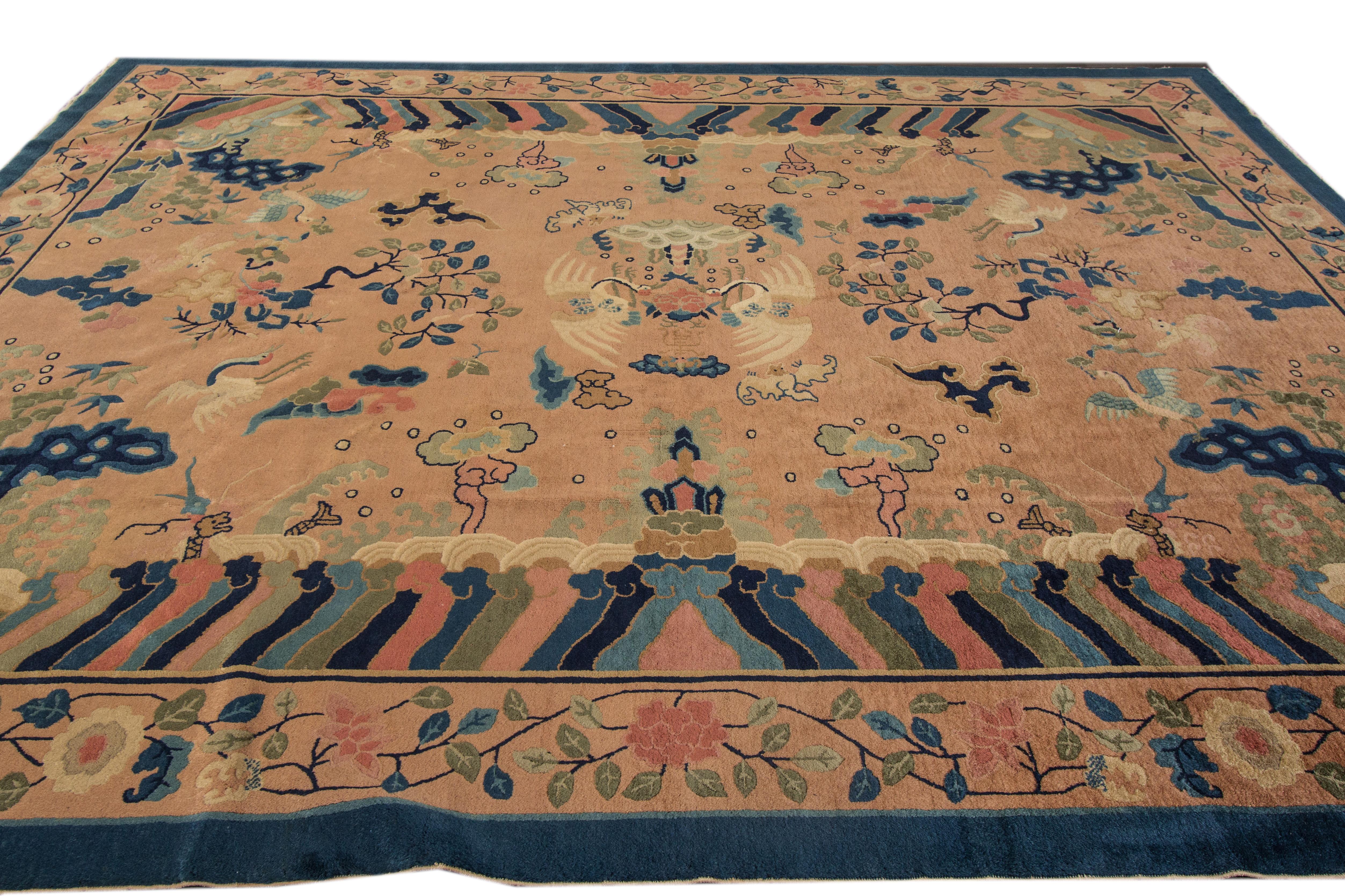 Art Deco Antique Peach Peking Chinese Room Size Wool Rug For Sale