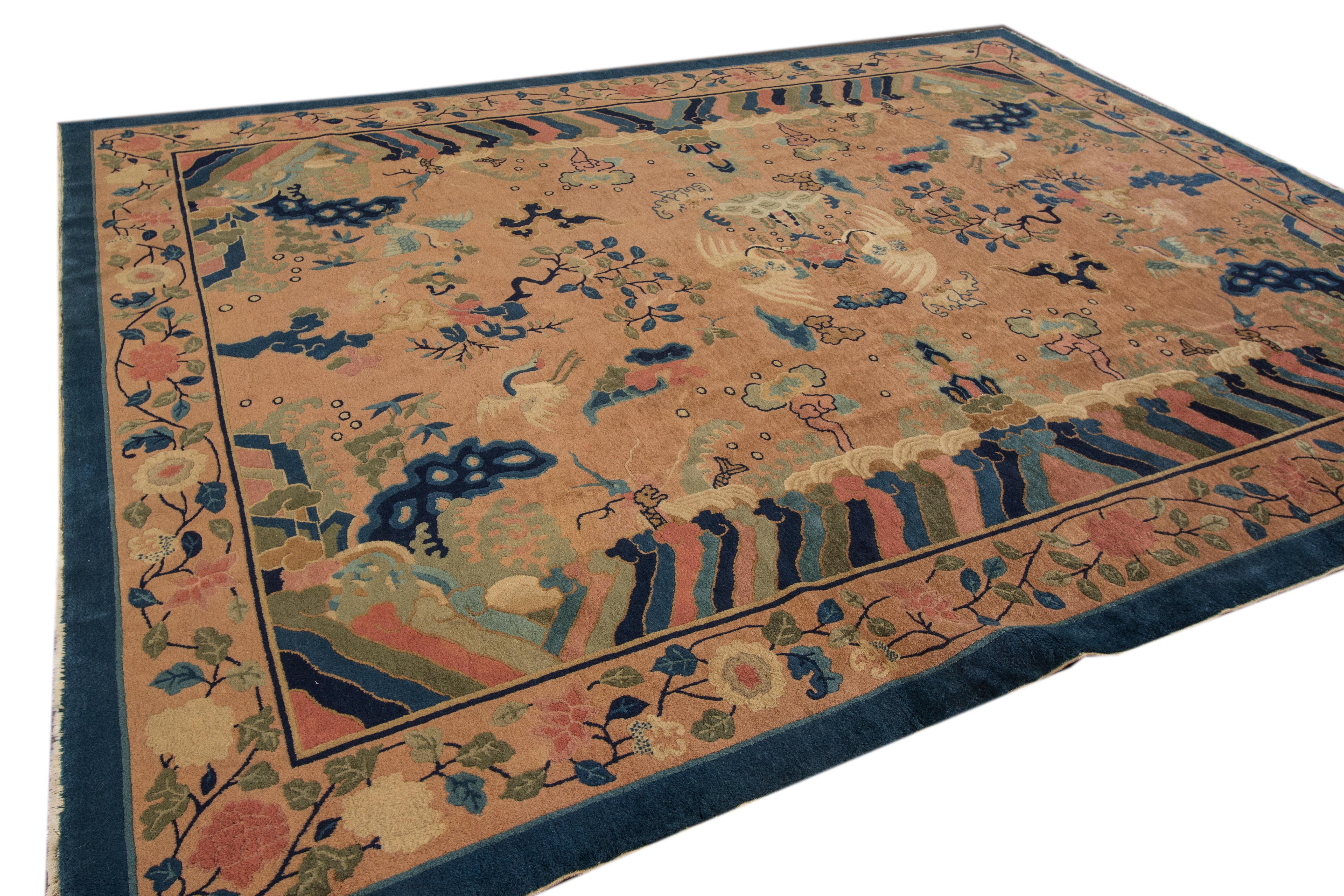 Early 20th Century Antique Peach Peking Chinese Room Size Wool Rug For Sale
