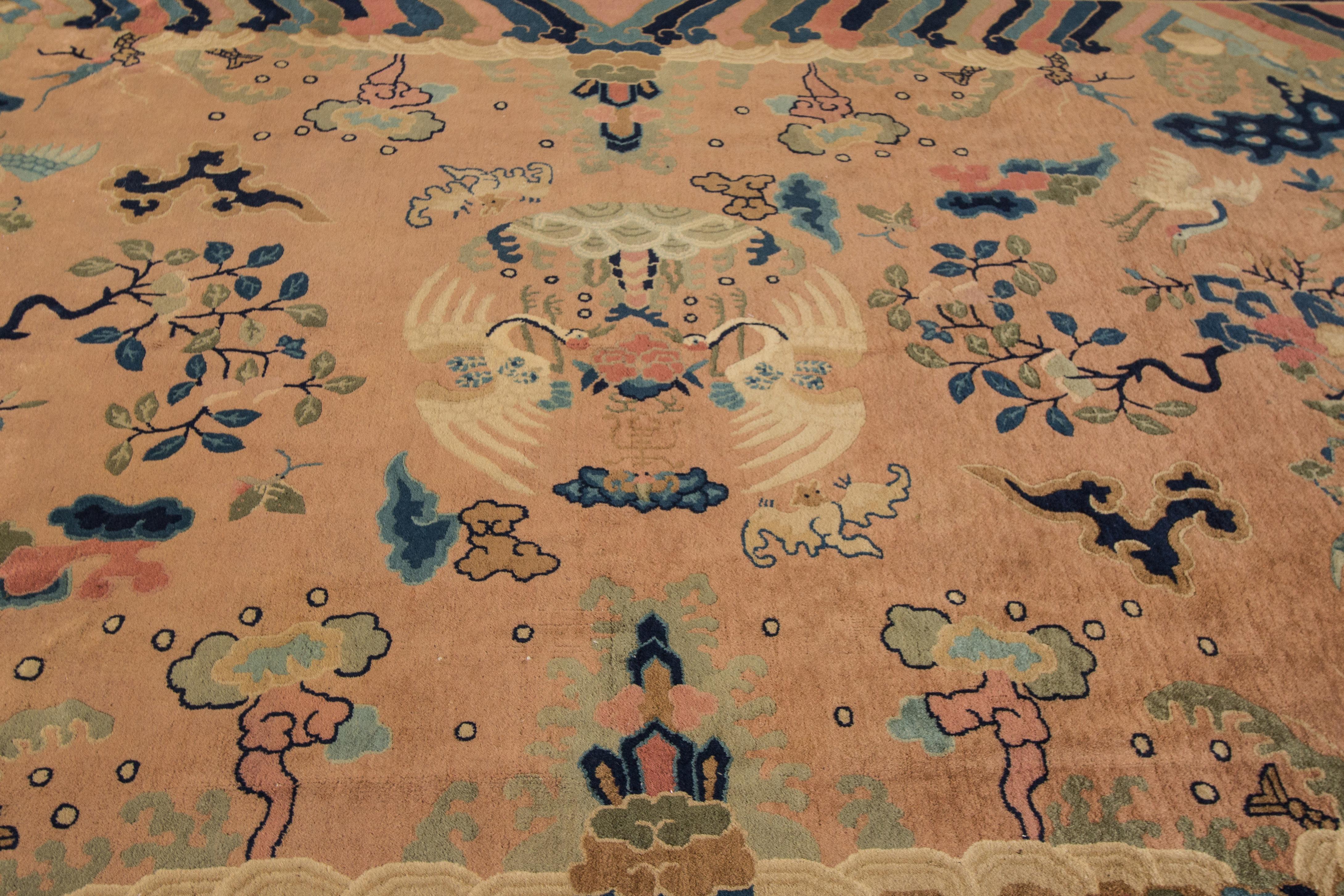 Antique Peach Peking Chinese Room Size Wool Rug For Sale 1