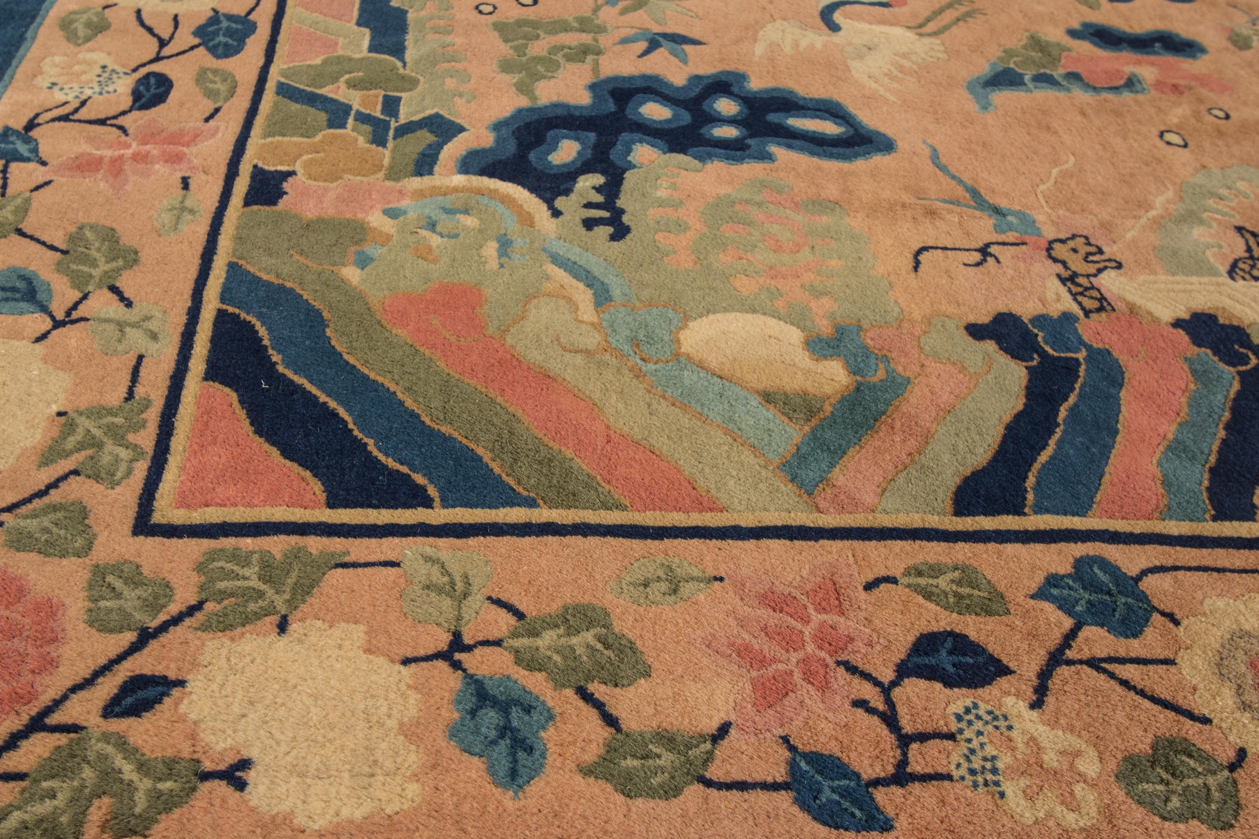 Antique Peach Peking Chinese Room Size Wool Rug For Sale 2