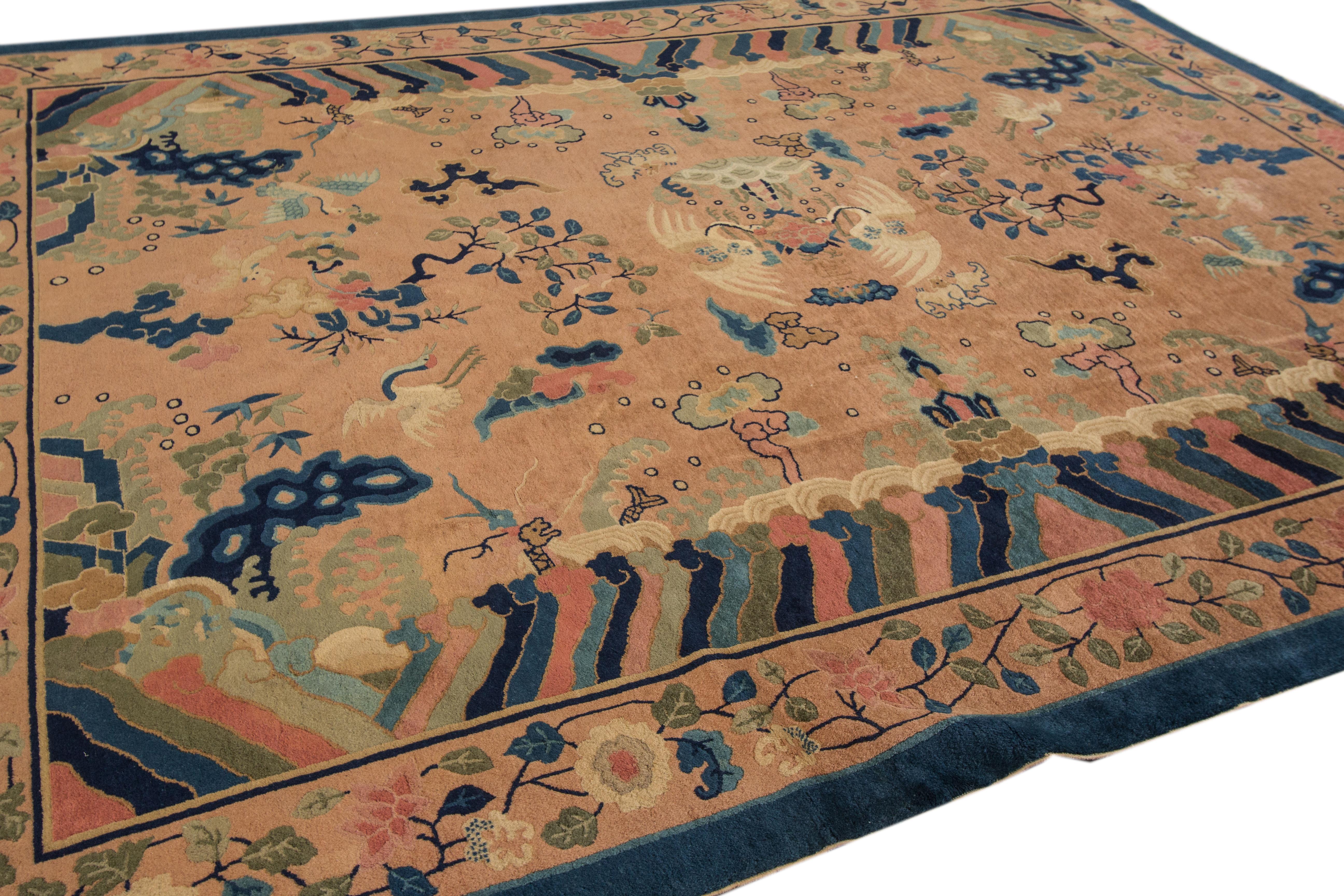 Antique Peach Peking Chinese Room Size Wool Rug For Sale 3