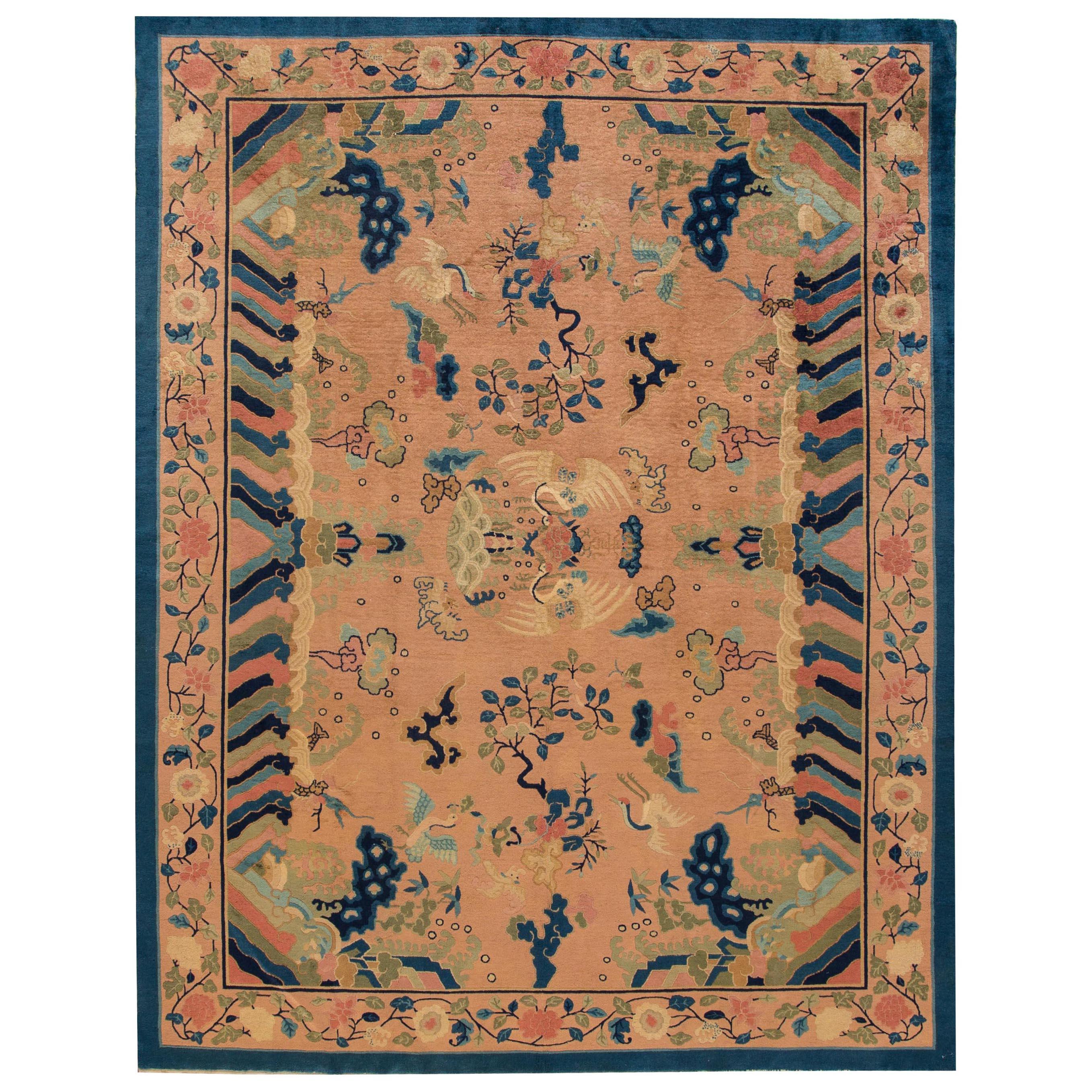 Antique Peach Peking Chinese Room Size Wool Rug For Sale