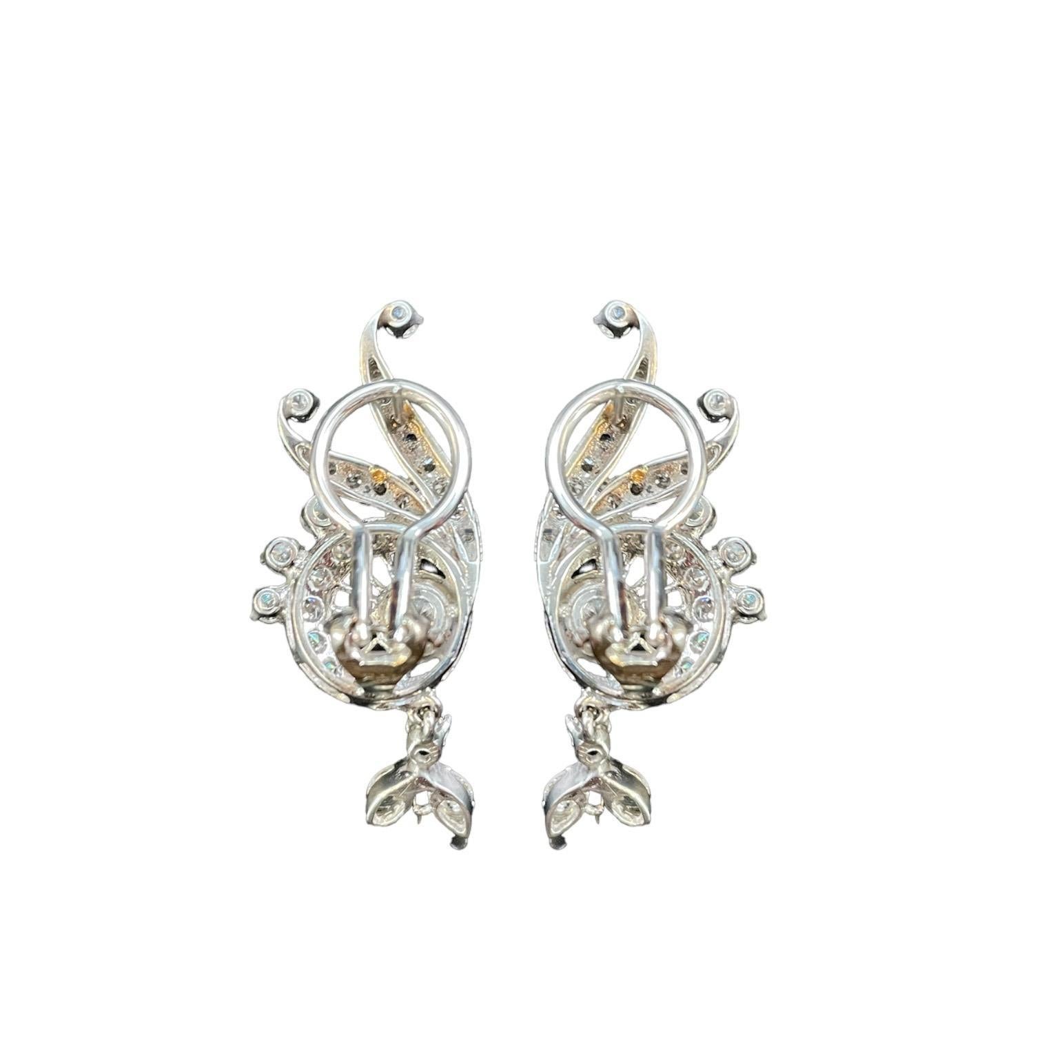 Retro Antique Peacock Design Earrings - 2.00 TCW, 14K White Gold