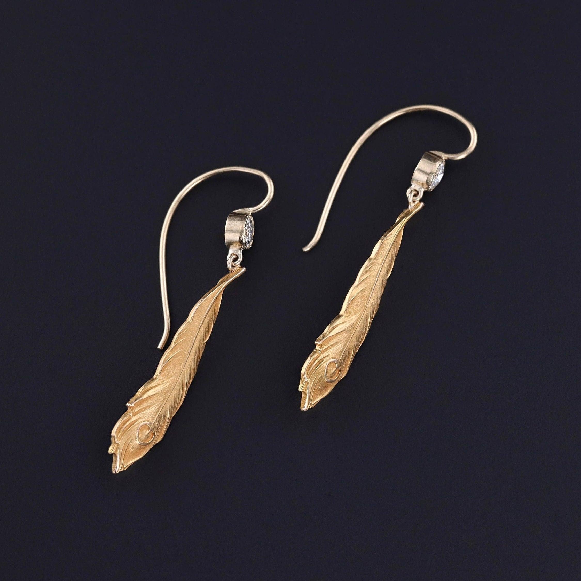 Art Nouveau Antique Peacock Feather Earrings of 14k Gold For Sale