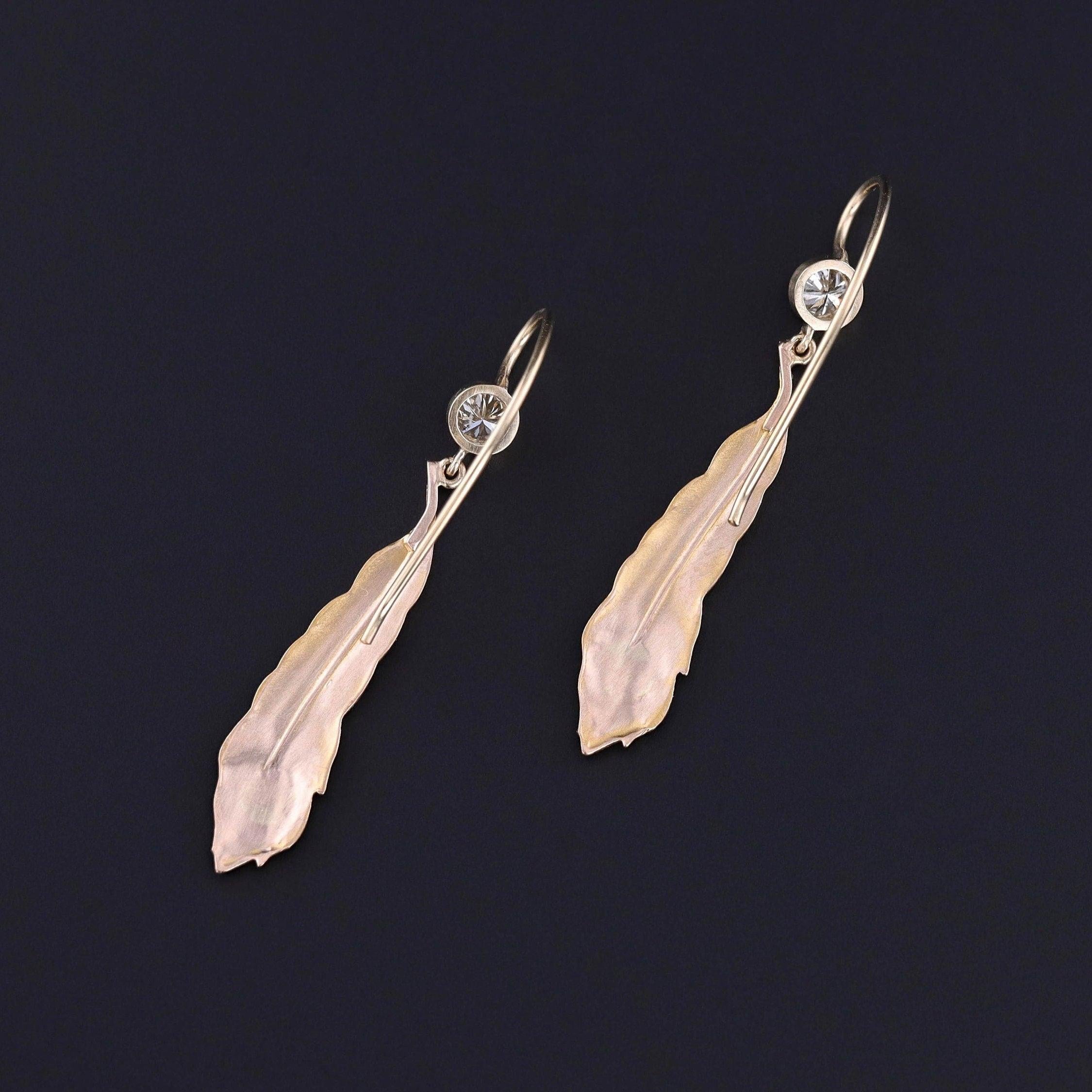 Round Cut Antique Peacock Feather Earrings of 14k Gold For Sale