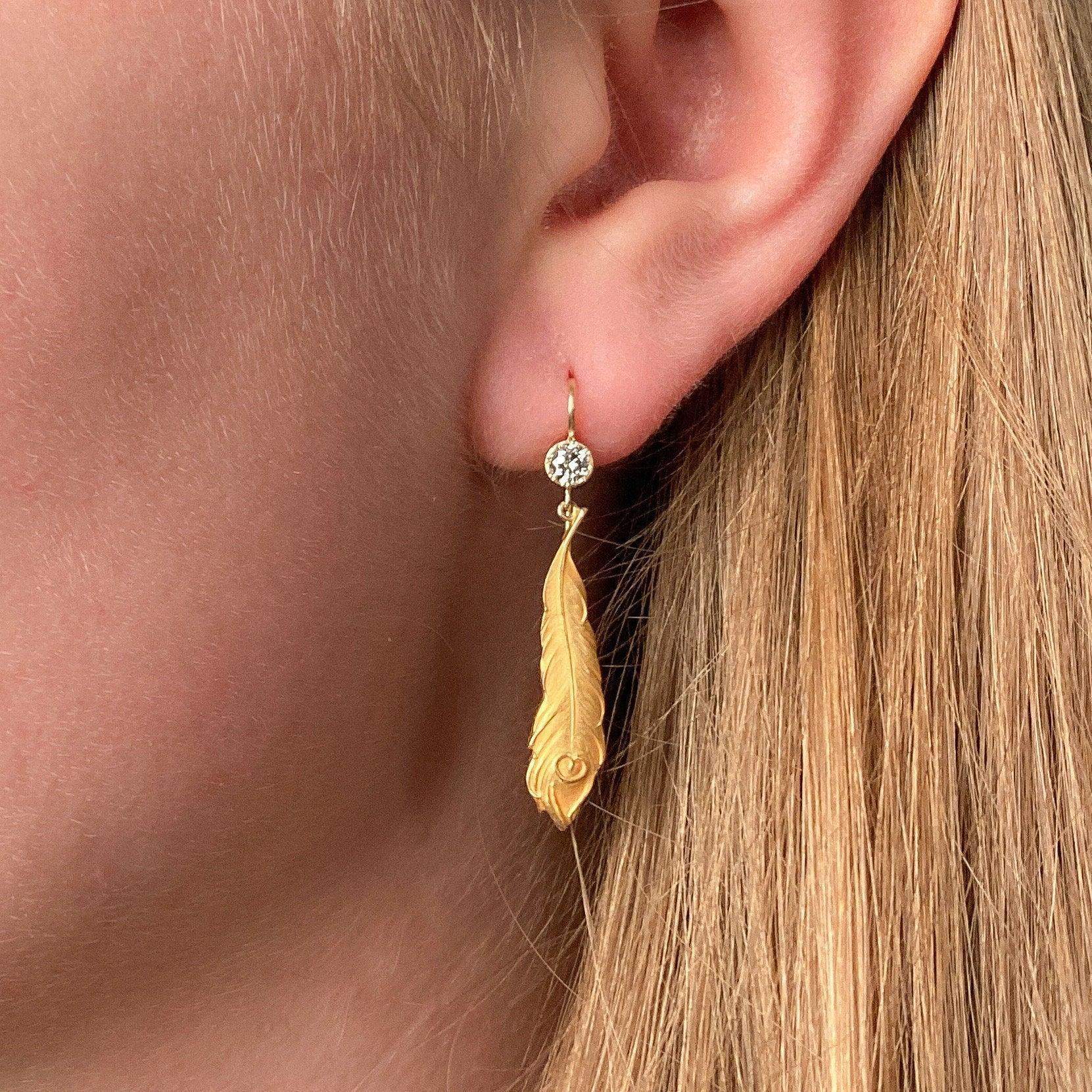Women's Antique Peacock Feather Earrings of 14k Gold For Sale