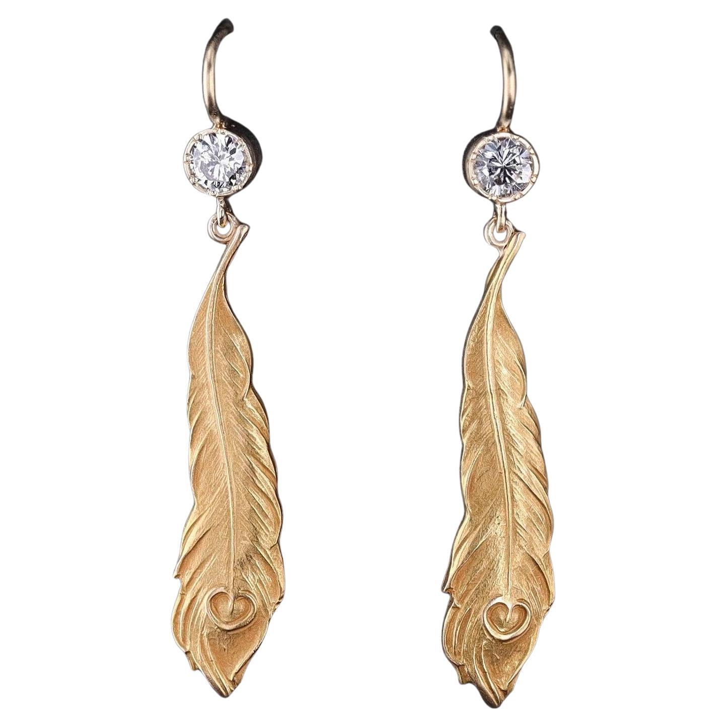 Antique Peacock Feather Earrings of 14k Gold