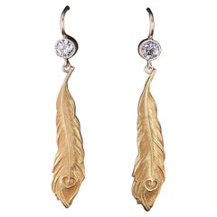 Antique Peacock Feather Earrings of 14k Gold