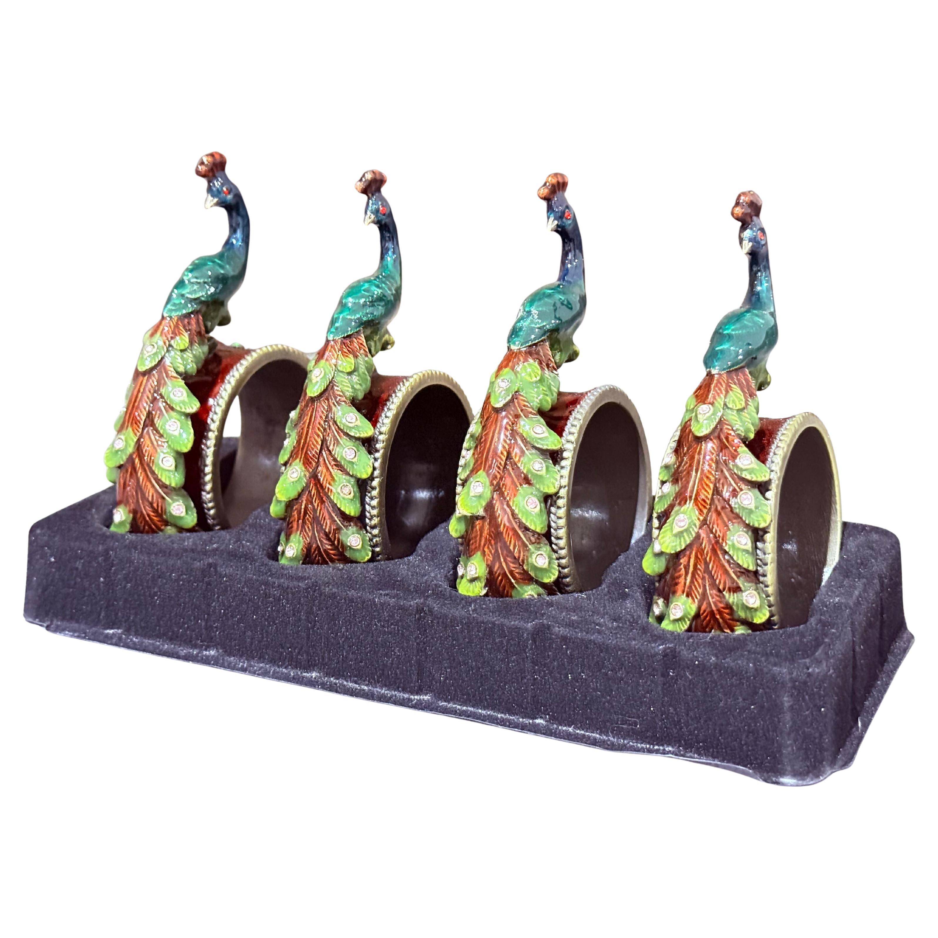 Set di 4 portatovaglioli e gioielli di pavone antico, accessori da pranzo esotici e di lusso in vendita