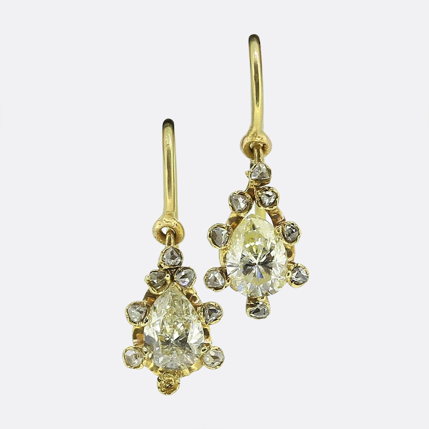 Women's or Men's Antique Pear Cut Diamond Drop Earrings