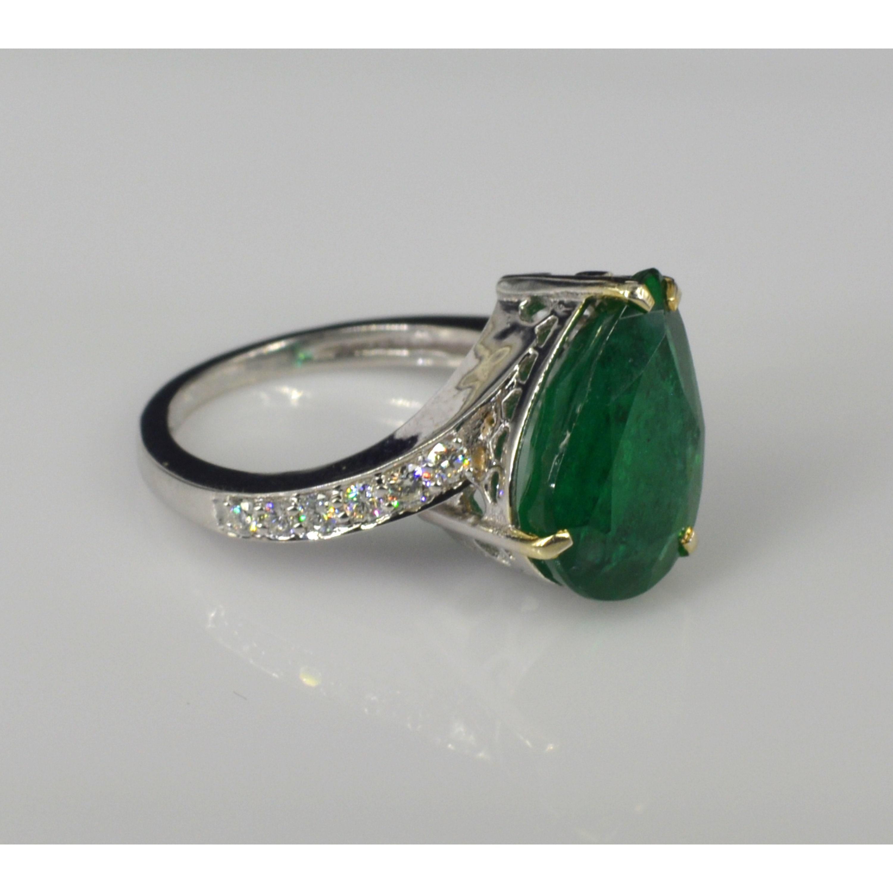 For Sale:  Art Deco Pear Cut 3 CT Natural Emerald Diamond Antique Style Cocktail Ring Band 3