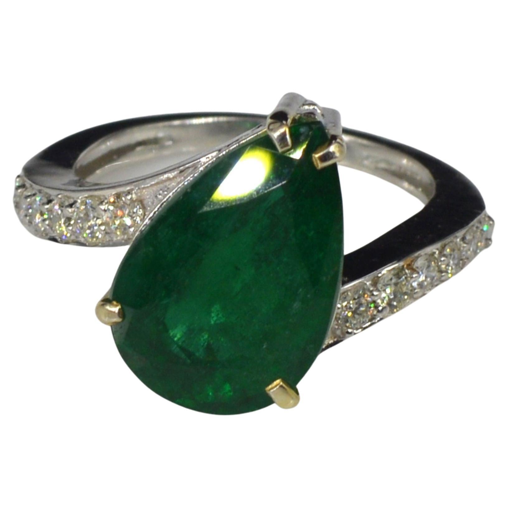 For Sale:  Art Deco Pear Cut 3 CT Natural Emerald Diamond Antique Style Cocktail Ring Band